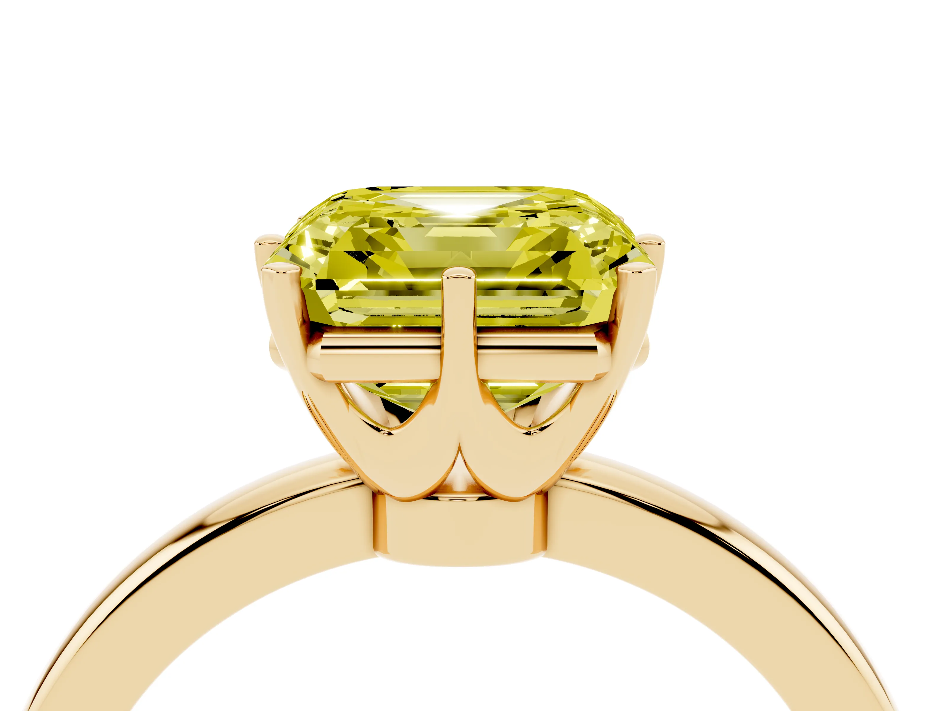 Fancy Yellow Asscher Cut Diamond Solitaire Ring Set in Yellow gold with Raised Prong Setting on a Classic Band