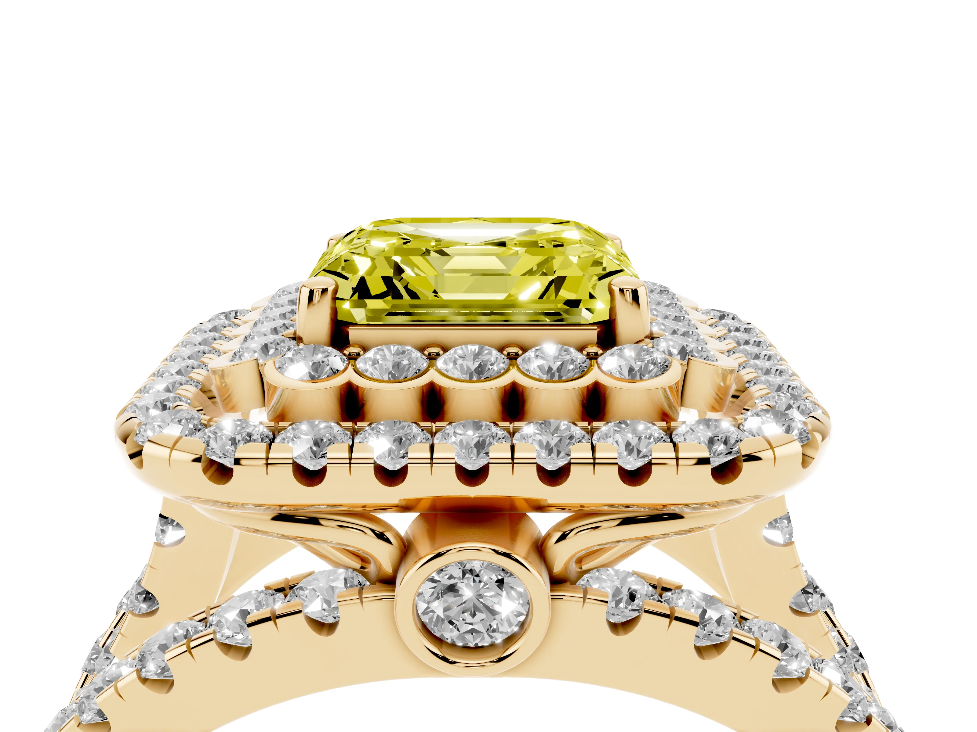 Fancy Yellow Asscher Cut Diamond Double Halo Ring Set in Yellow gold with Round Pavé Split Shank