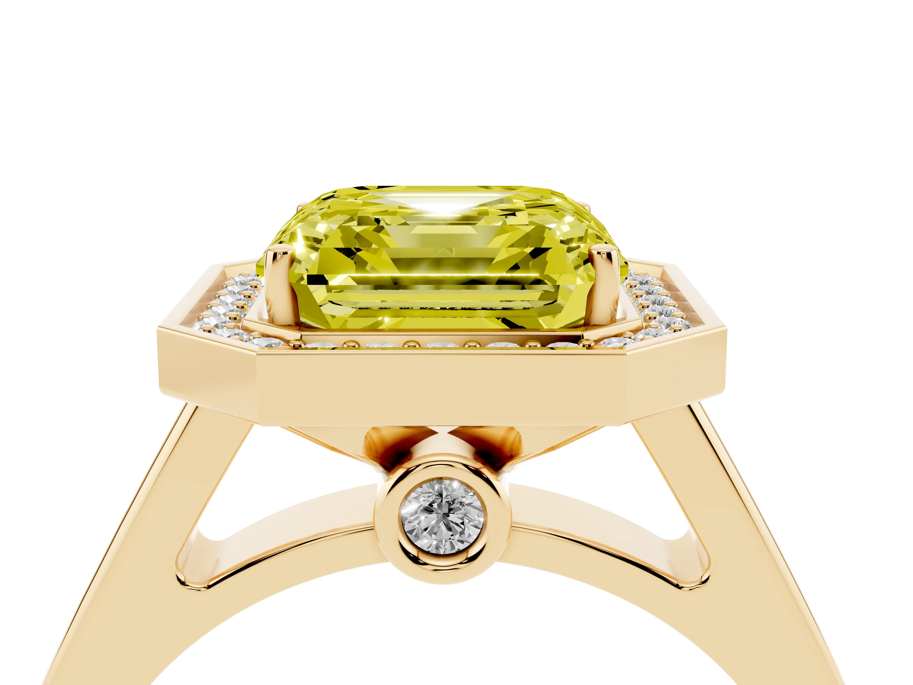 Fancy Yellow Asscher Cut Diamond Halo Solitaire Ring Set in Yellow gold with Pavé Band and Bezel Setting