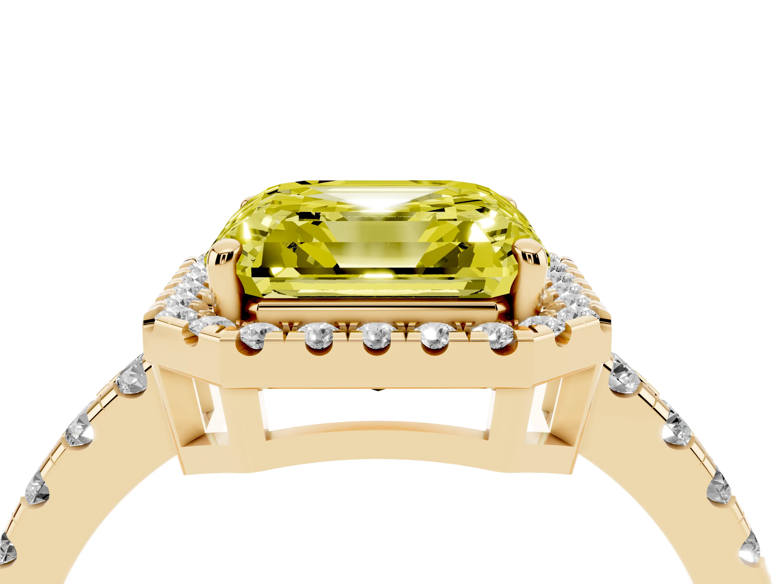 Fancy Yellow Asscher Cut Diamond Halo Ring Set in Yellow gold with Delicate Pavé Band and Prong Setting