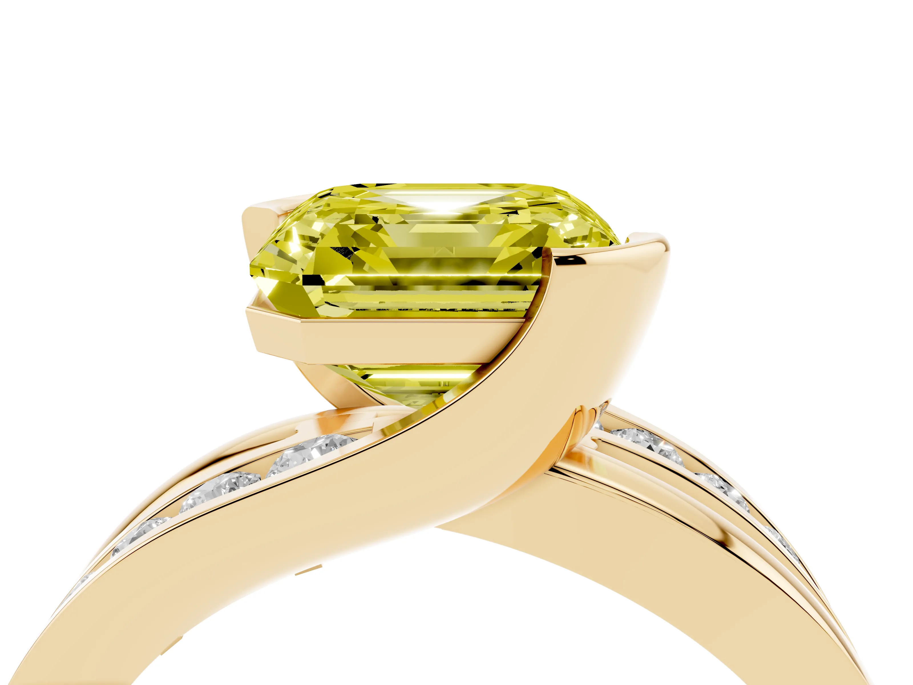 Fancy Yellow Asscher Cut Diamond Solitaire Ring Set in Yellow gold with Channel Set Split Shank and Tension Prongs