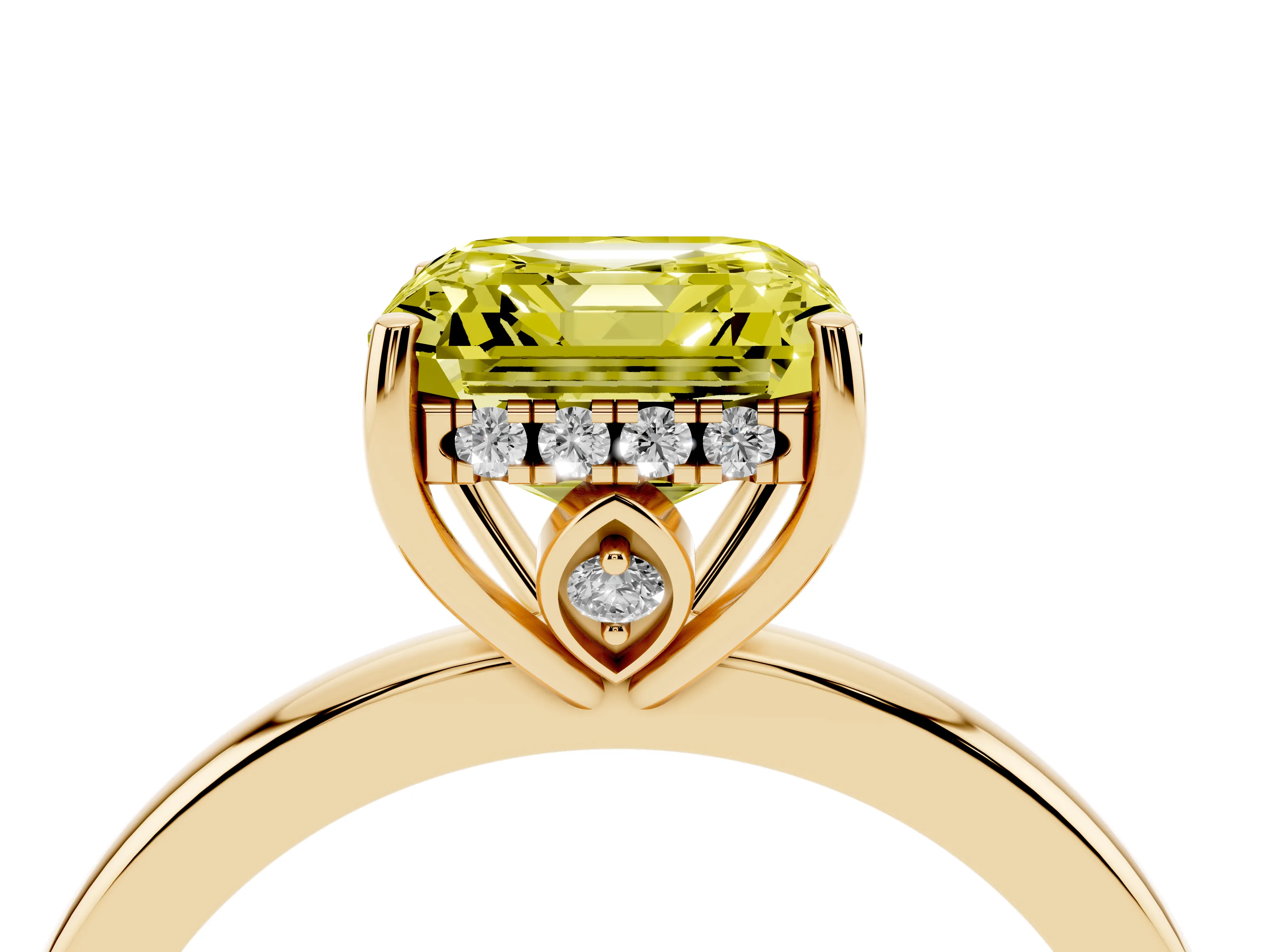 Fancy Yellow Asscher Cut Diamond Solitaire Ring Set in Yellow gold with Plain Band and Prong Setting