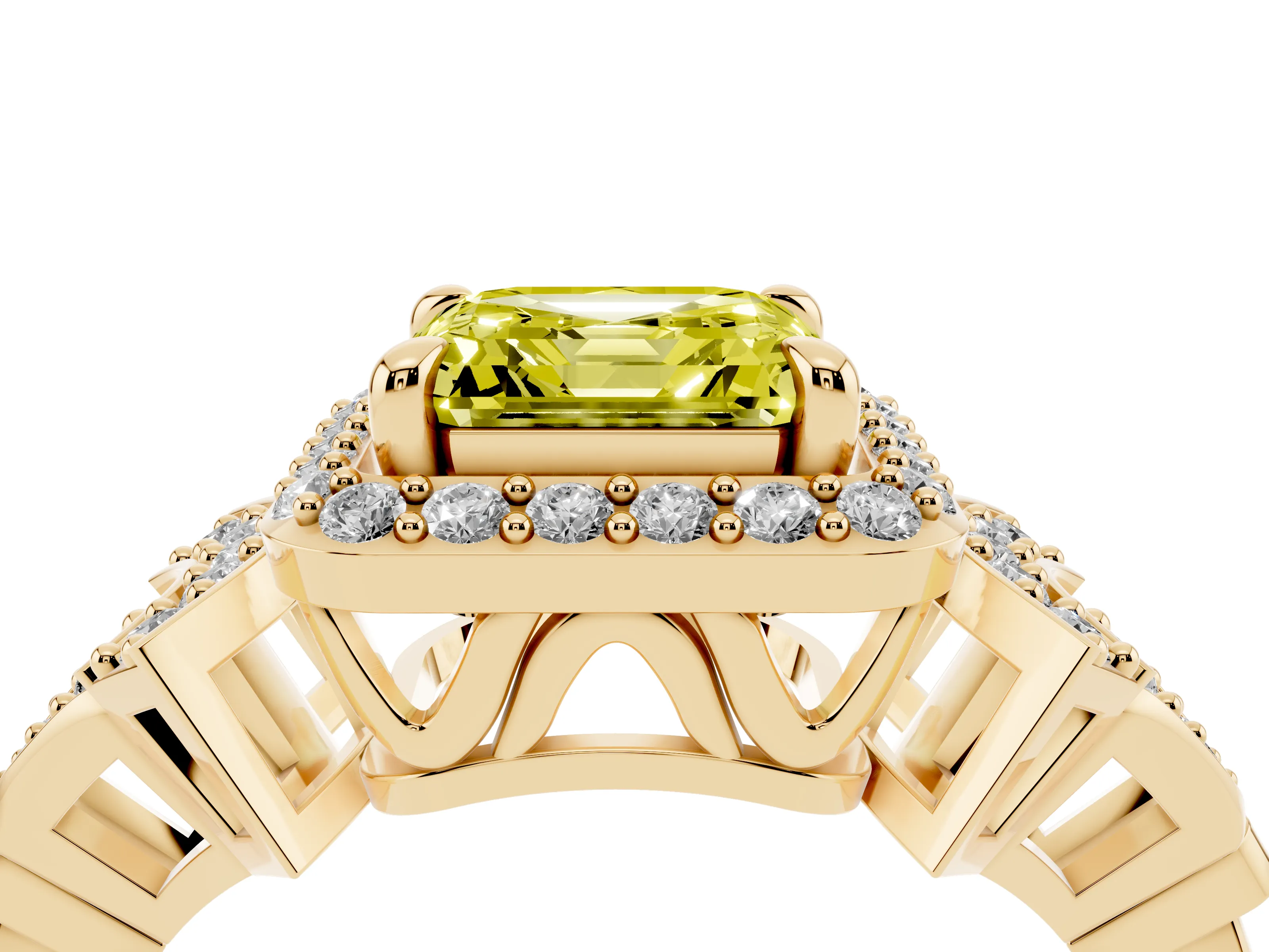 Fancy Yellow Asscher Cut Diamond Halo Engagement Ring Set in Yellow gold with Accent Stone Split Shank
