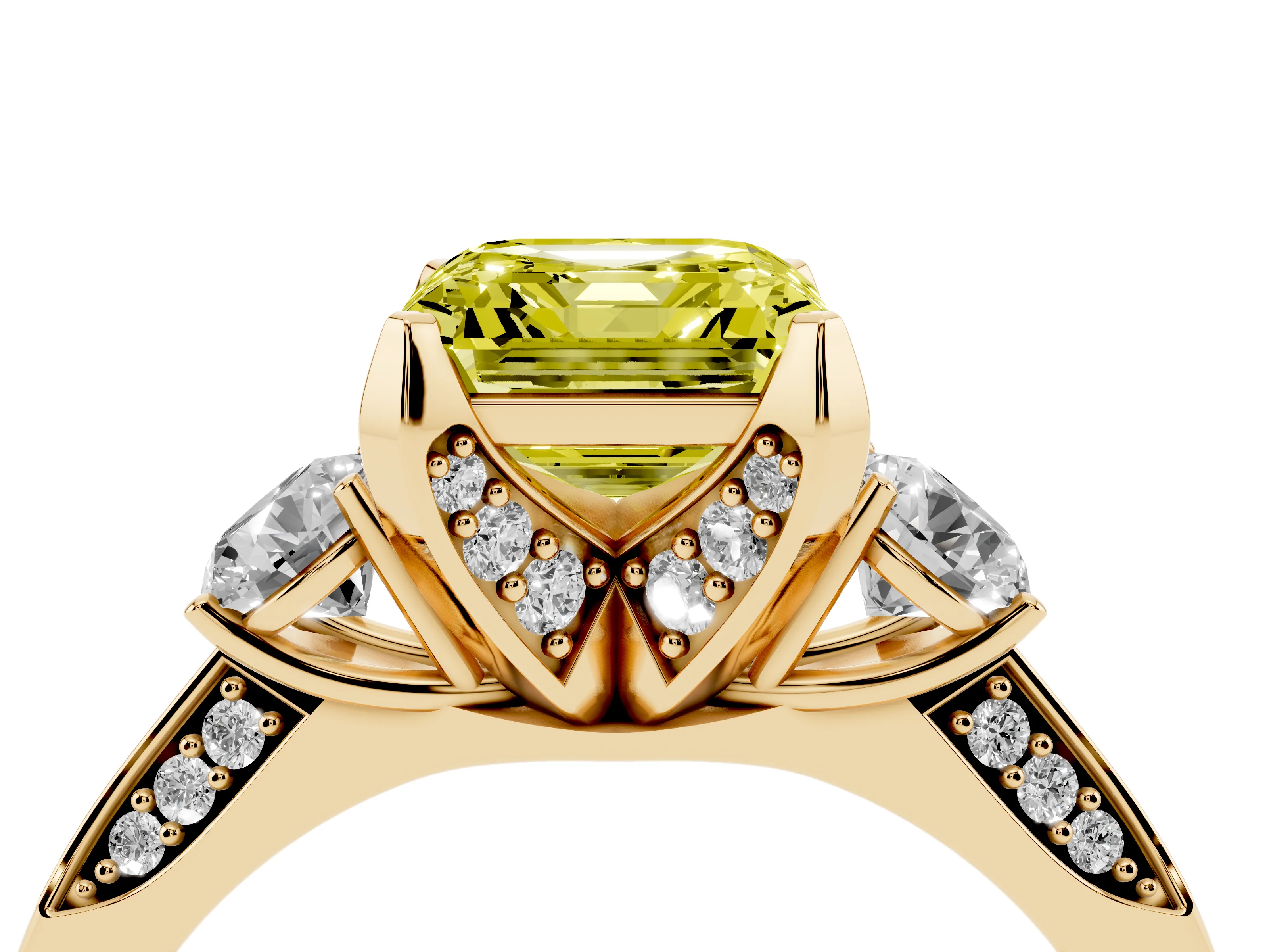 Fancy Yellow Asscher Cut Diamond Three-Stone Ring Set in Yellow gold with Pavé Band and Smaller Side Stones
