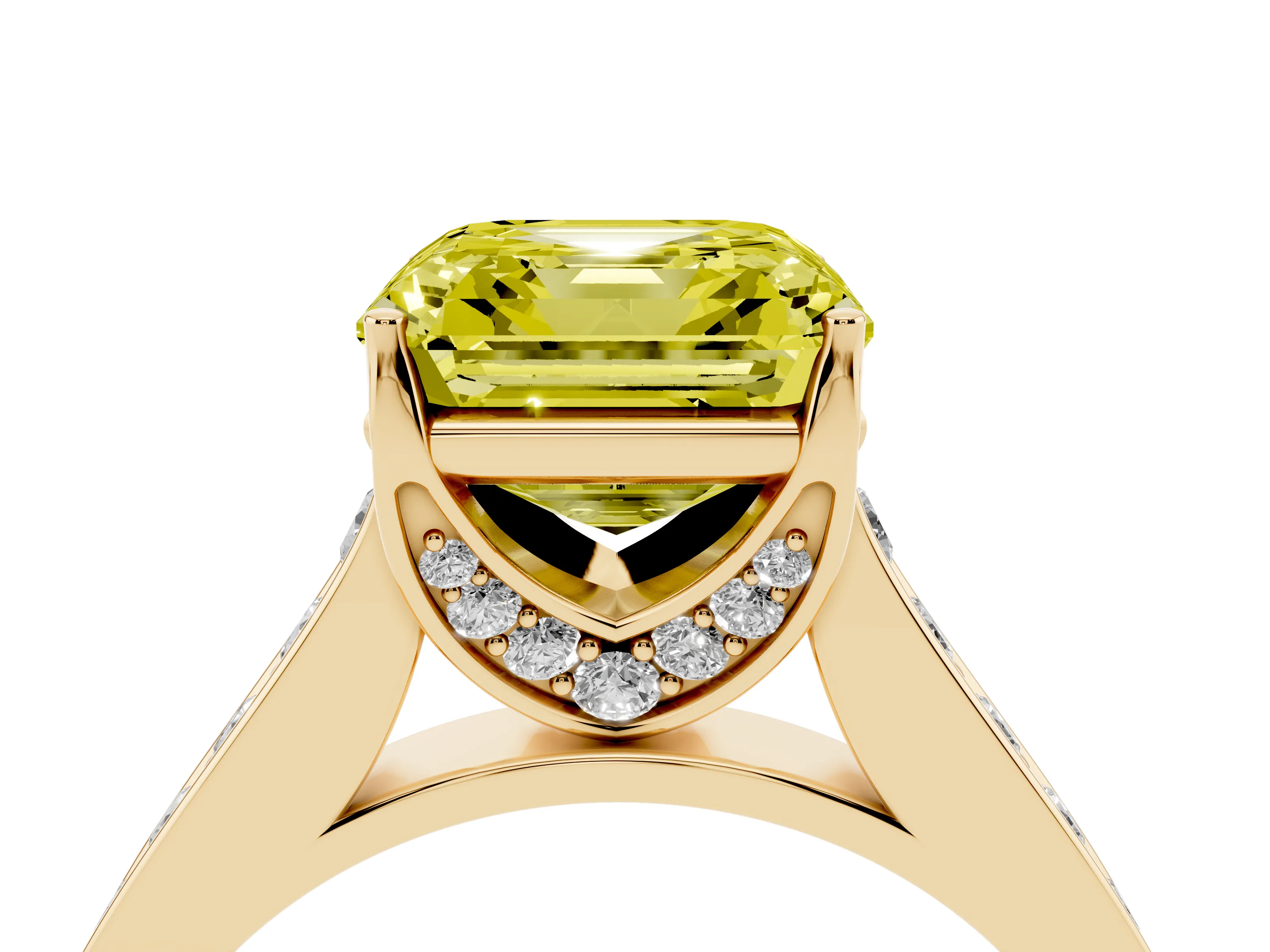 Fancy Yellow Asscher Cut Diamond Solitaire Pavé Engagement Ring Set in Yellow gold with Prong Setting