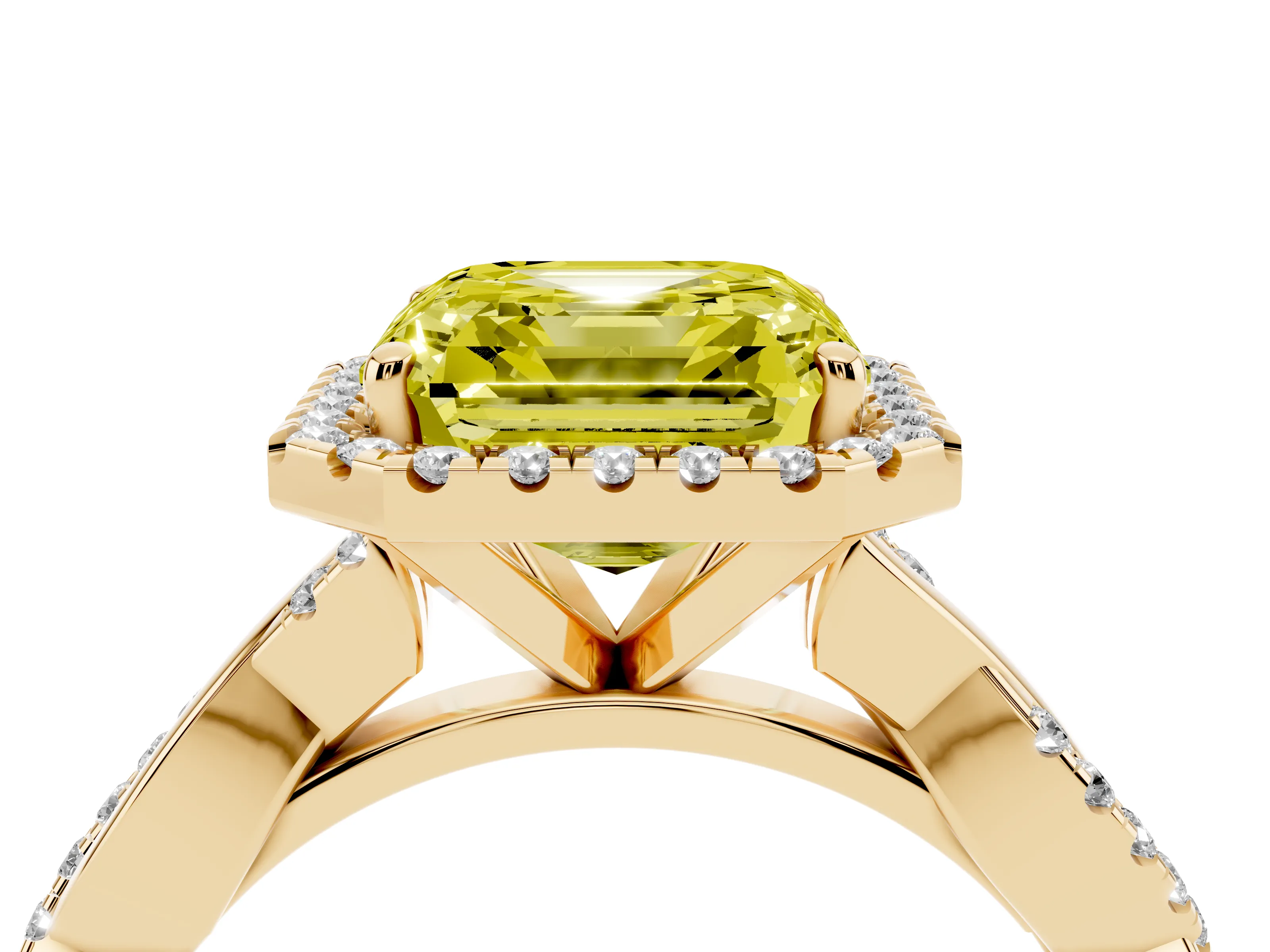 Fancy Yellow Asscher Cut Diamond Halo Twisted Band Ring Set in Yellow gold with Prong Setting
