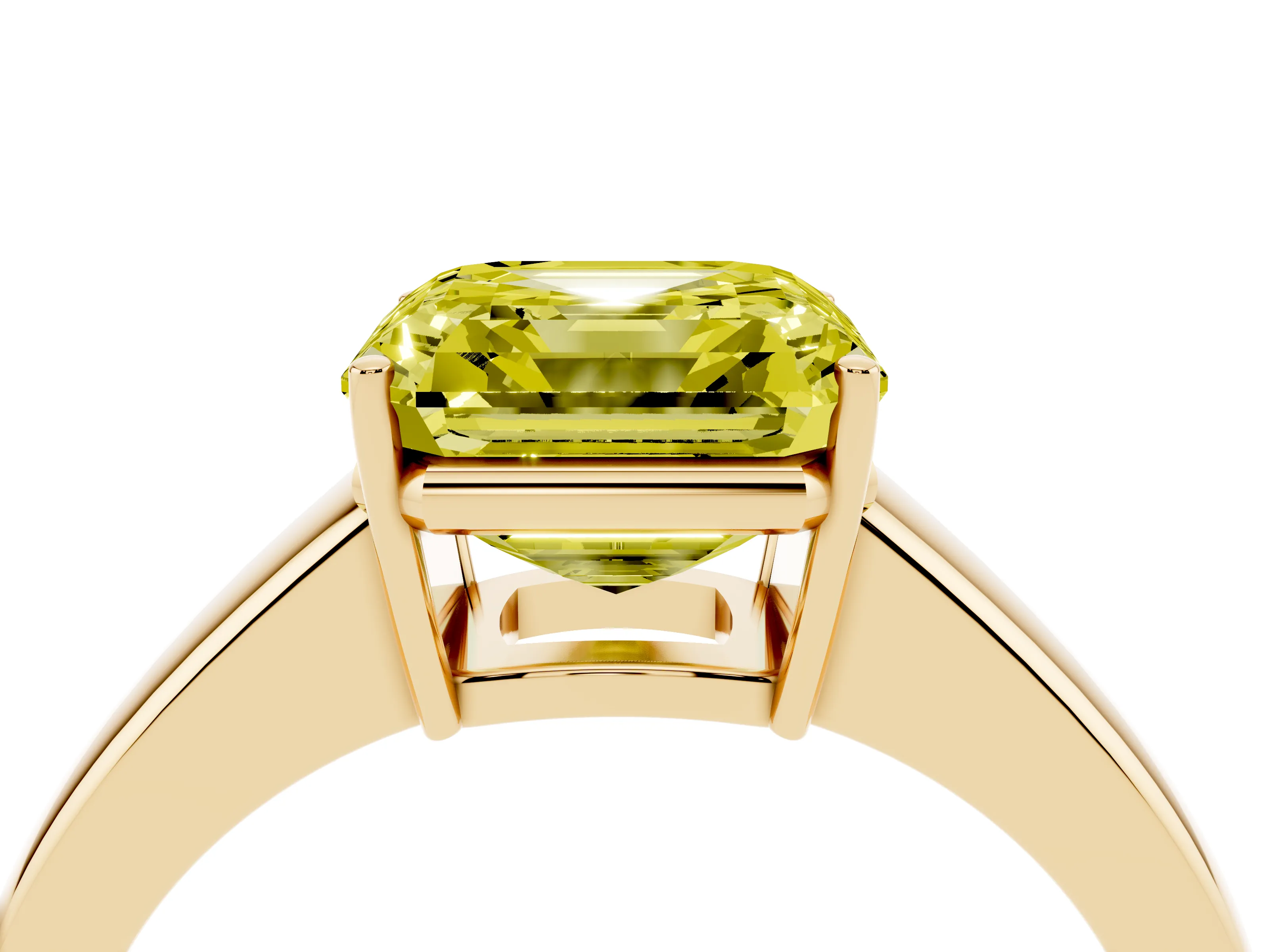 Fancy Yellow Asscher Cut Diamond Solitaire Ring Set in Yellow gold with Tapered Band and Prong Setting
