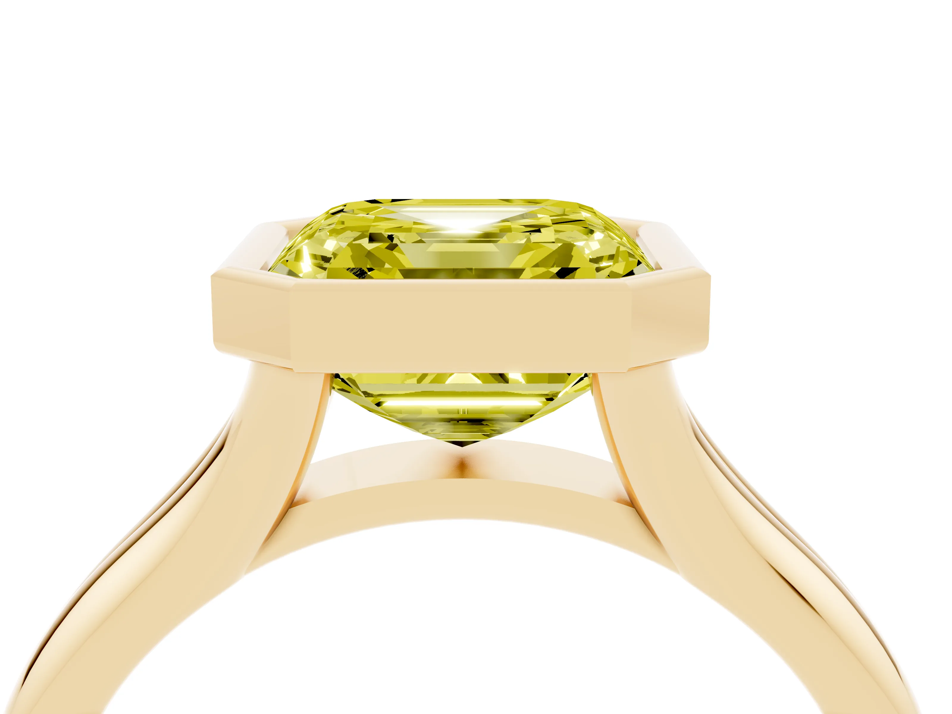 Fancy Yellow Bezel Set Asscher Cut Diamond Solitaire Ring Set in Yellow gold with Smooth Band