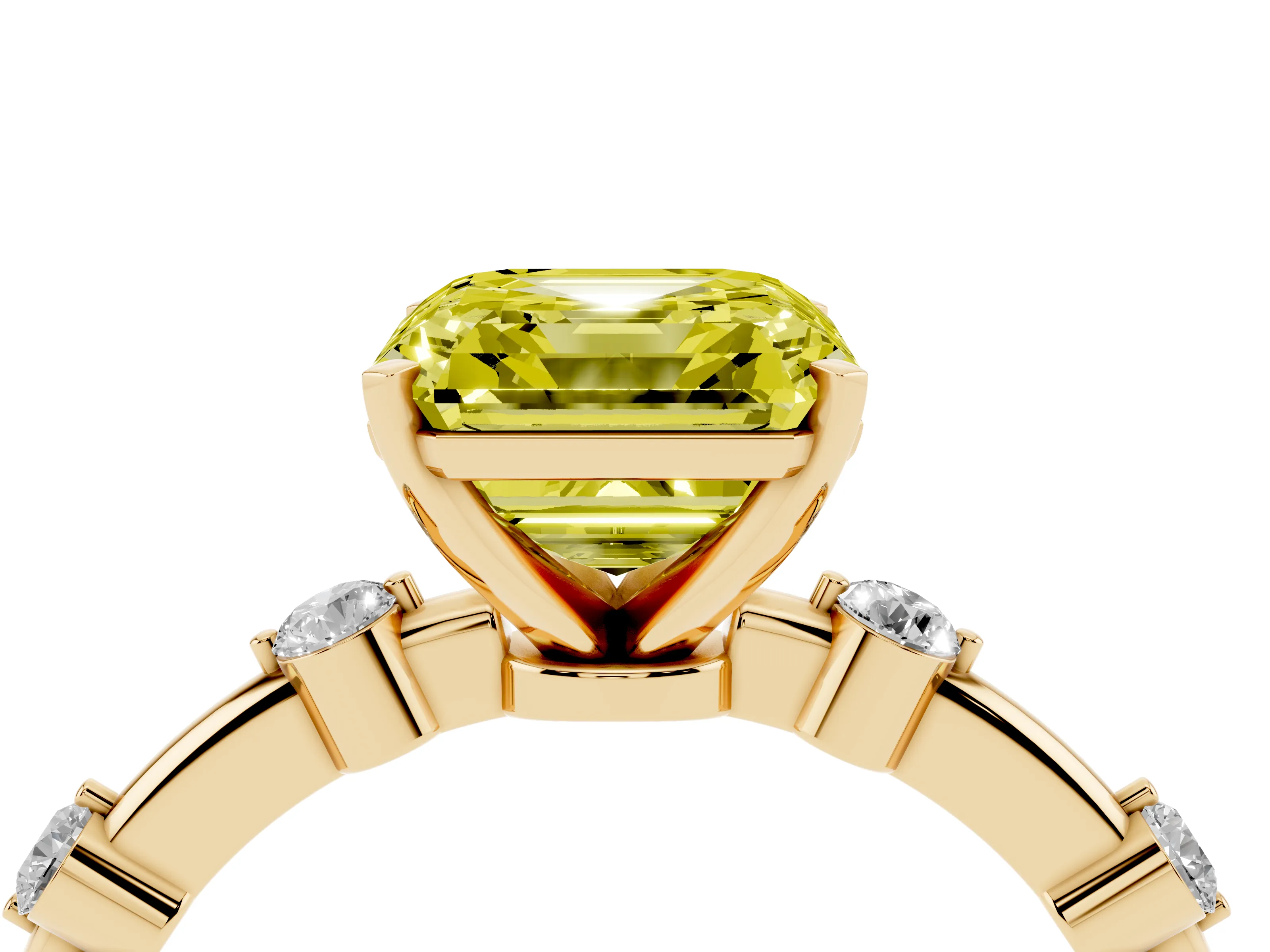 Fancy Yellow Asscher Cut Diamond Solitaire Ring Set in Yellow gold with Bezel Set Side Stones and Prong Setting