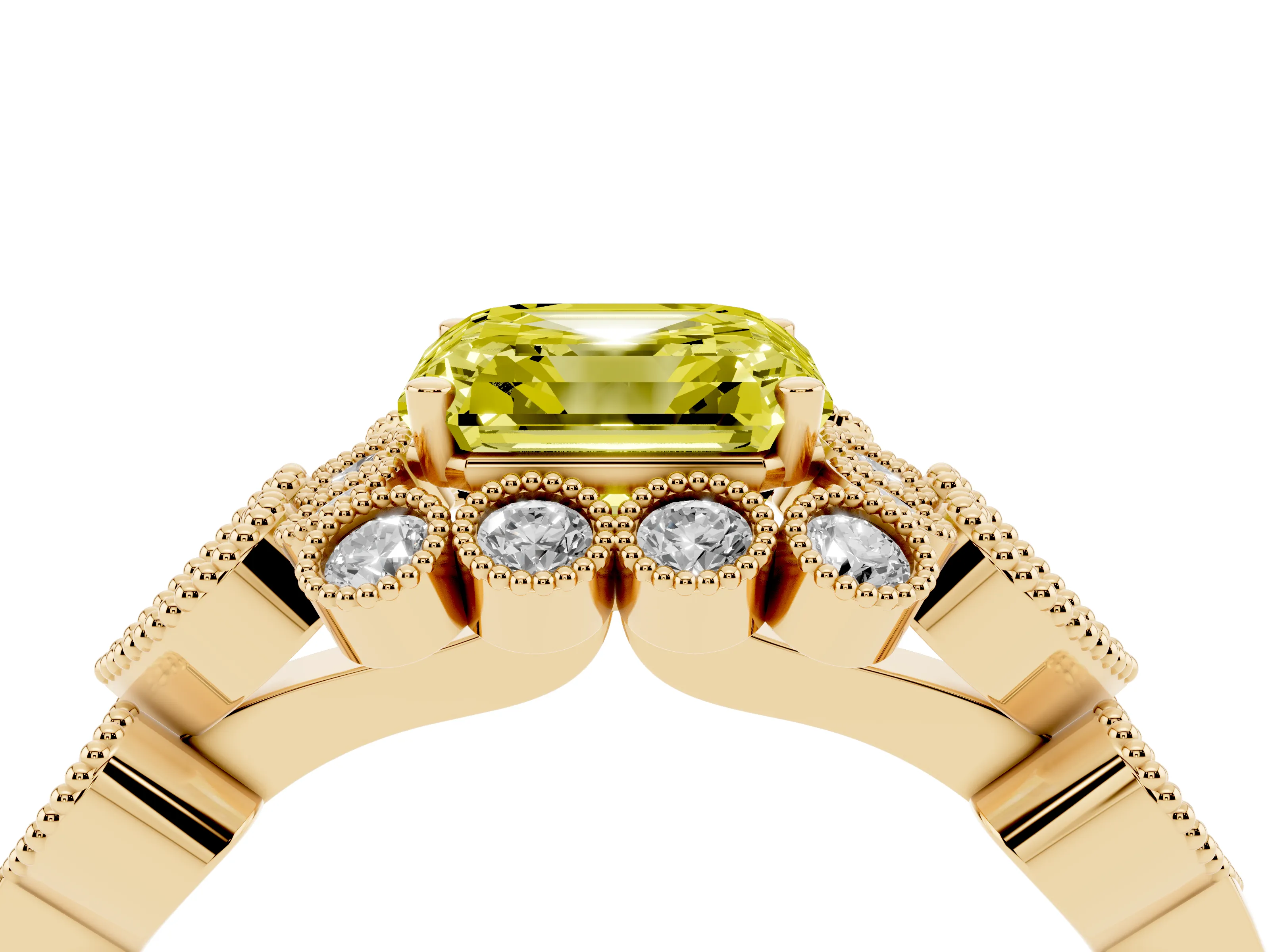 Fancy Yellow Asscher Cut Diamond Solitaire Ring Set in Yellow gold with Milgrain Pavé Heart Band