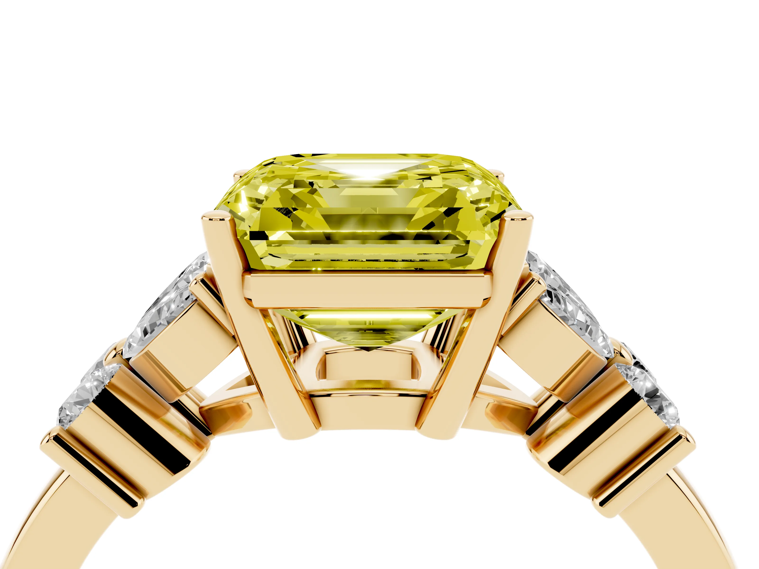 Fancy Yellow Asscher Cut Diamond Floral Cluster Ring Set in Yellow gold with Marquise Petals and Prong Setting