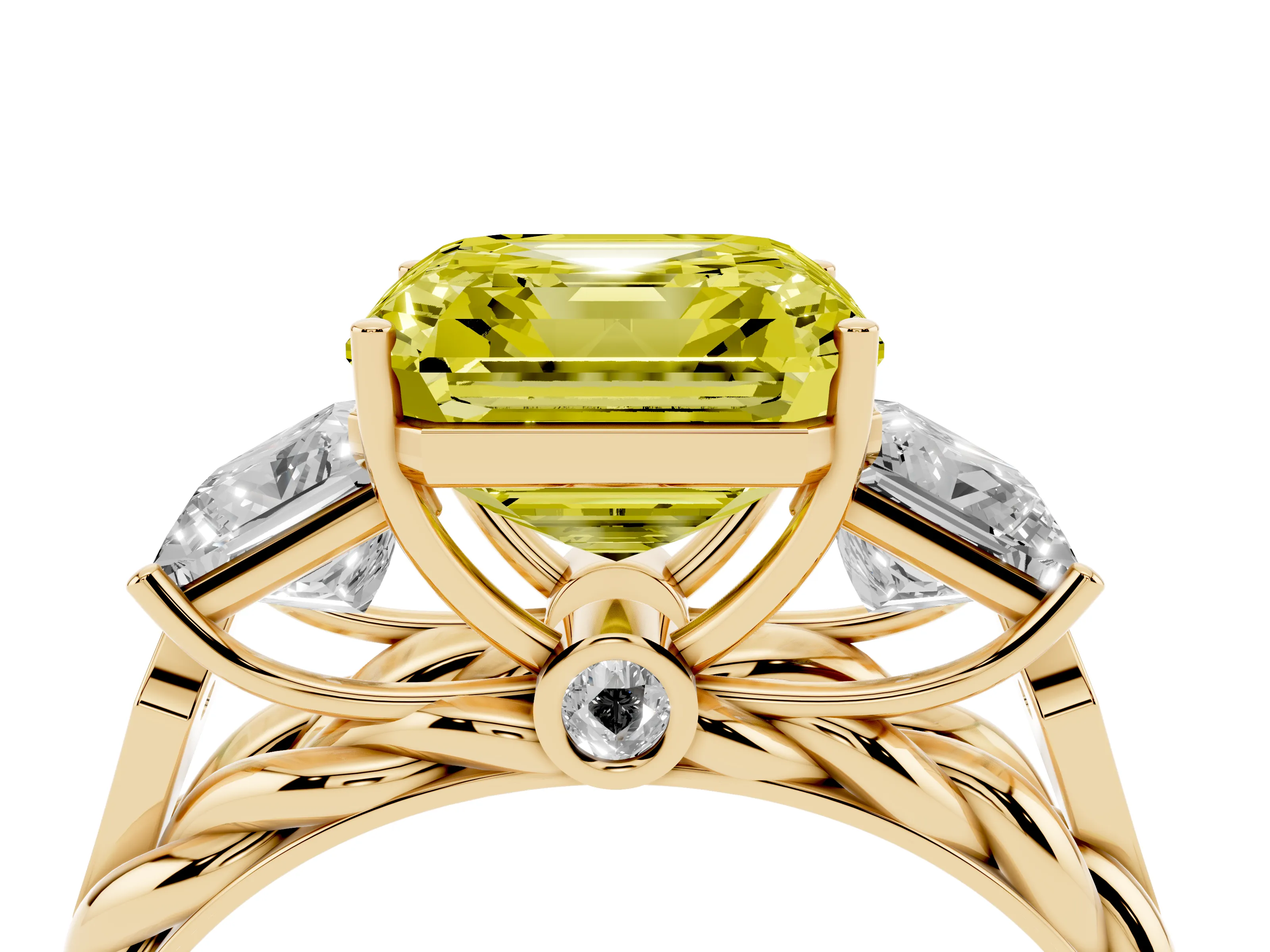 Fancy Yellow Asscher Cut Diamond Three-Stone Ring Set in Yellow gold with Braided Band