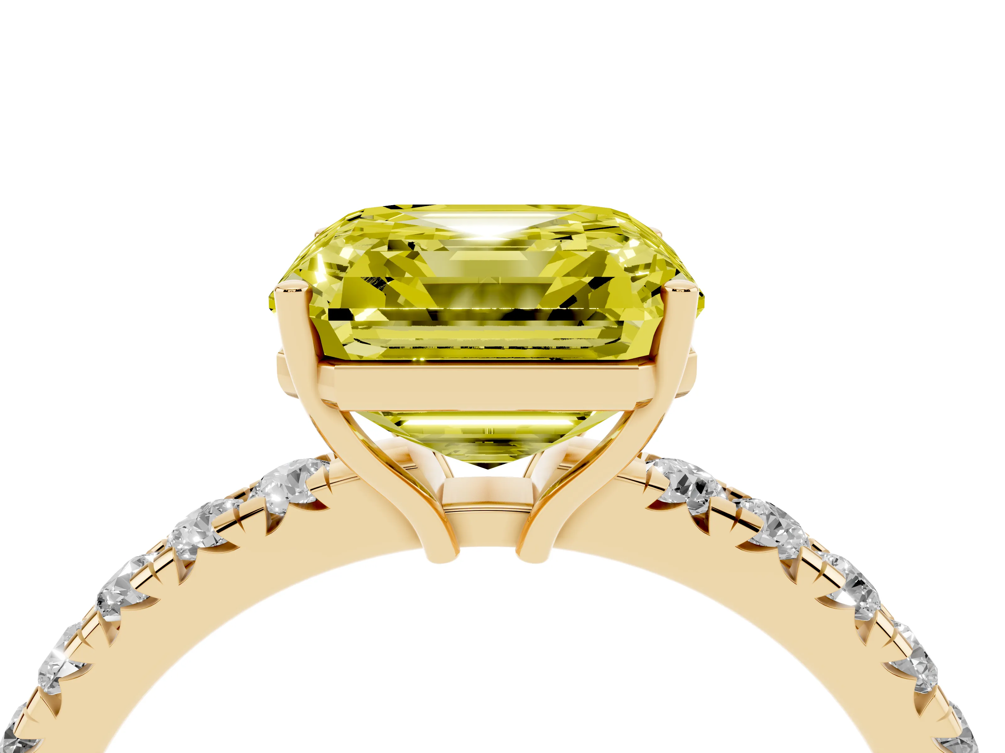 Fancy Yellow Asscher Cut Diamond Pavé Solitaire Engagement Ring Set in Yellow gold with Prong Setting