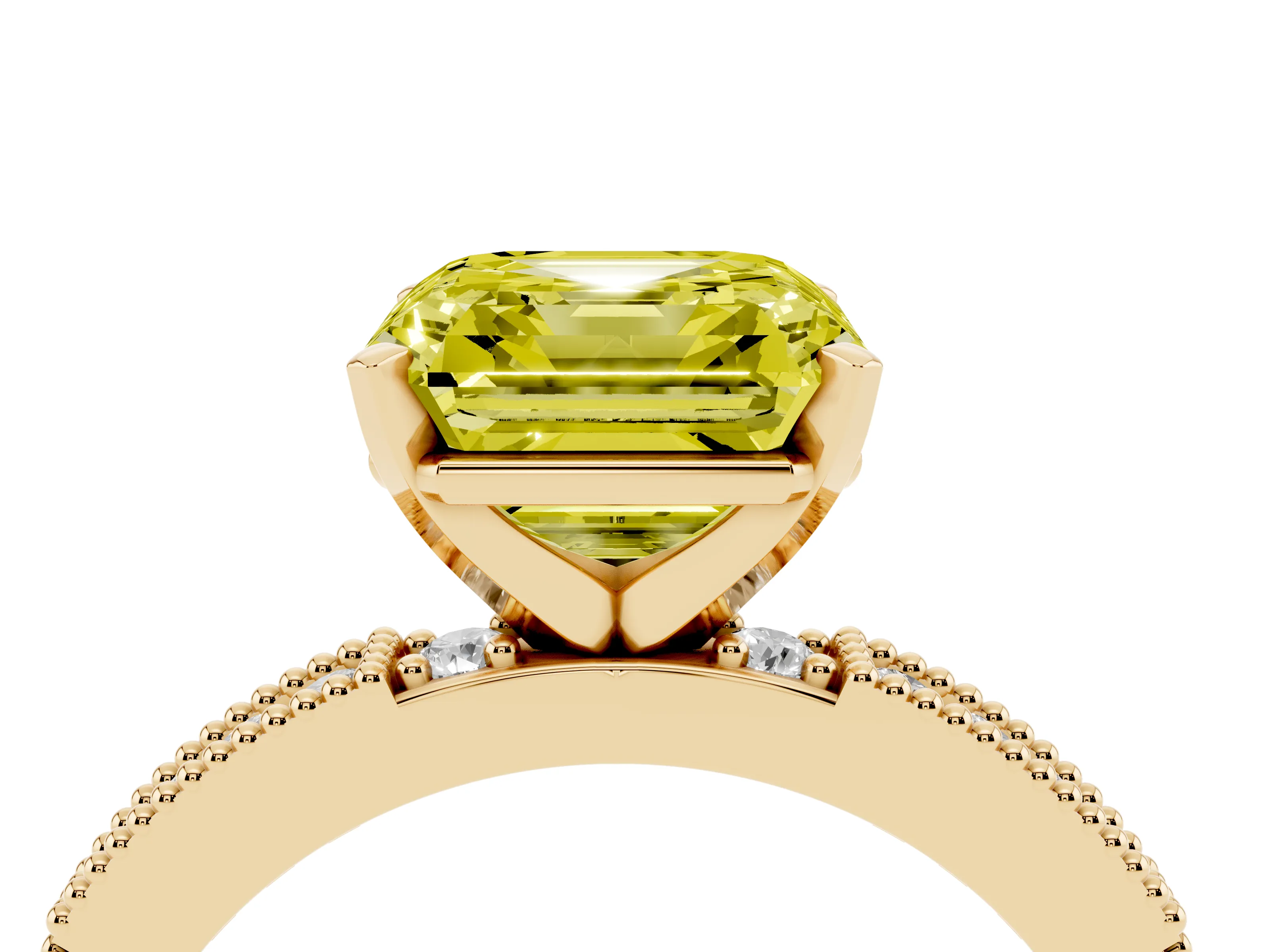 Fancy Yellow Asscher Cut Diamond Solitaire Ring Set in Yellow gold with Slim Pavé Band and Prong Setting