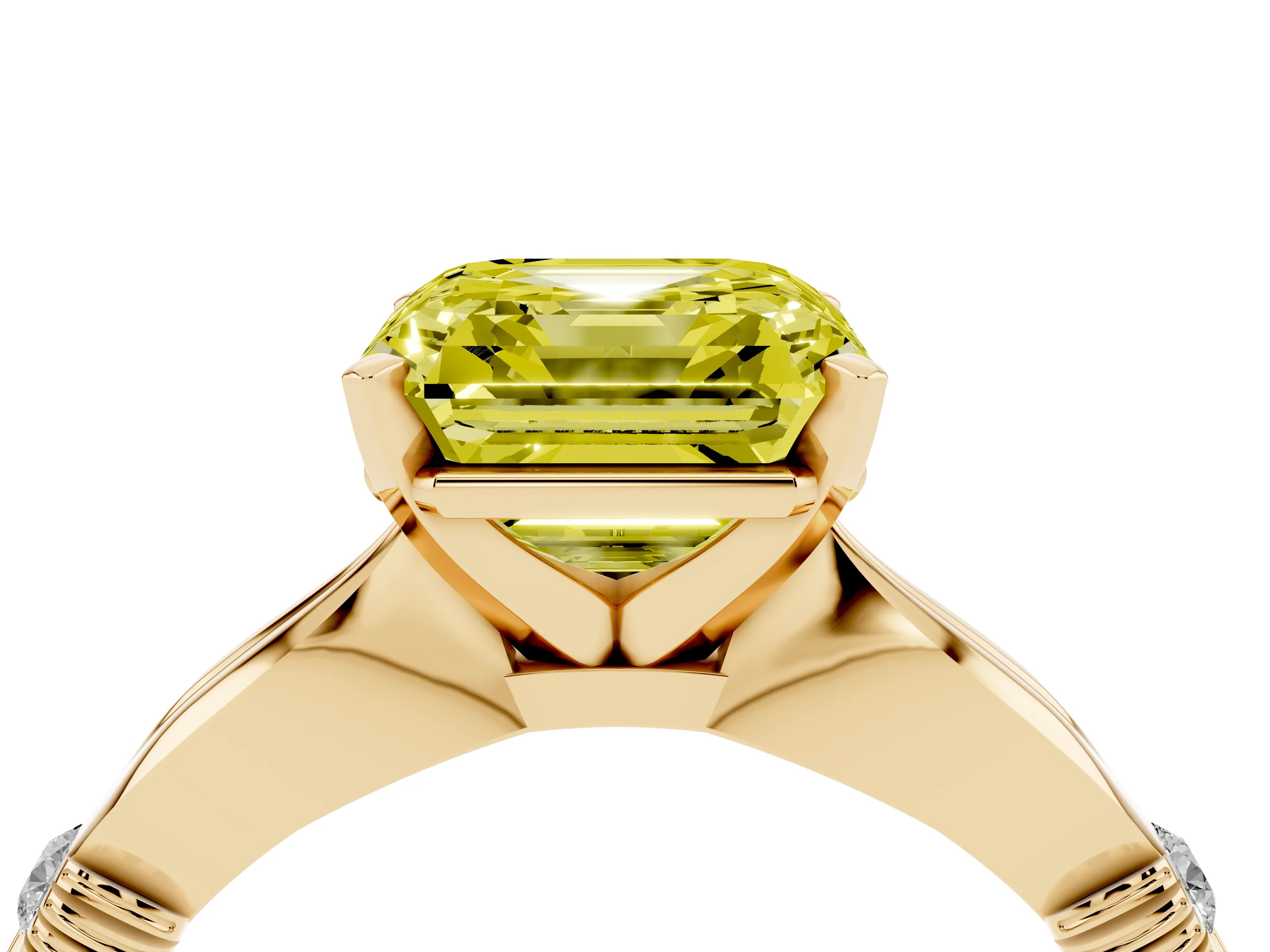 Fancy Yellow Asscher Cut Diamond Solitaire Twisted Band Ring Set in Yellow gold with Accent Stones and Prong Setting