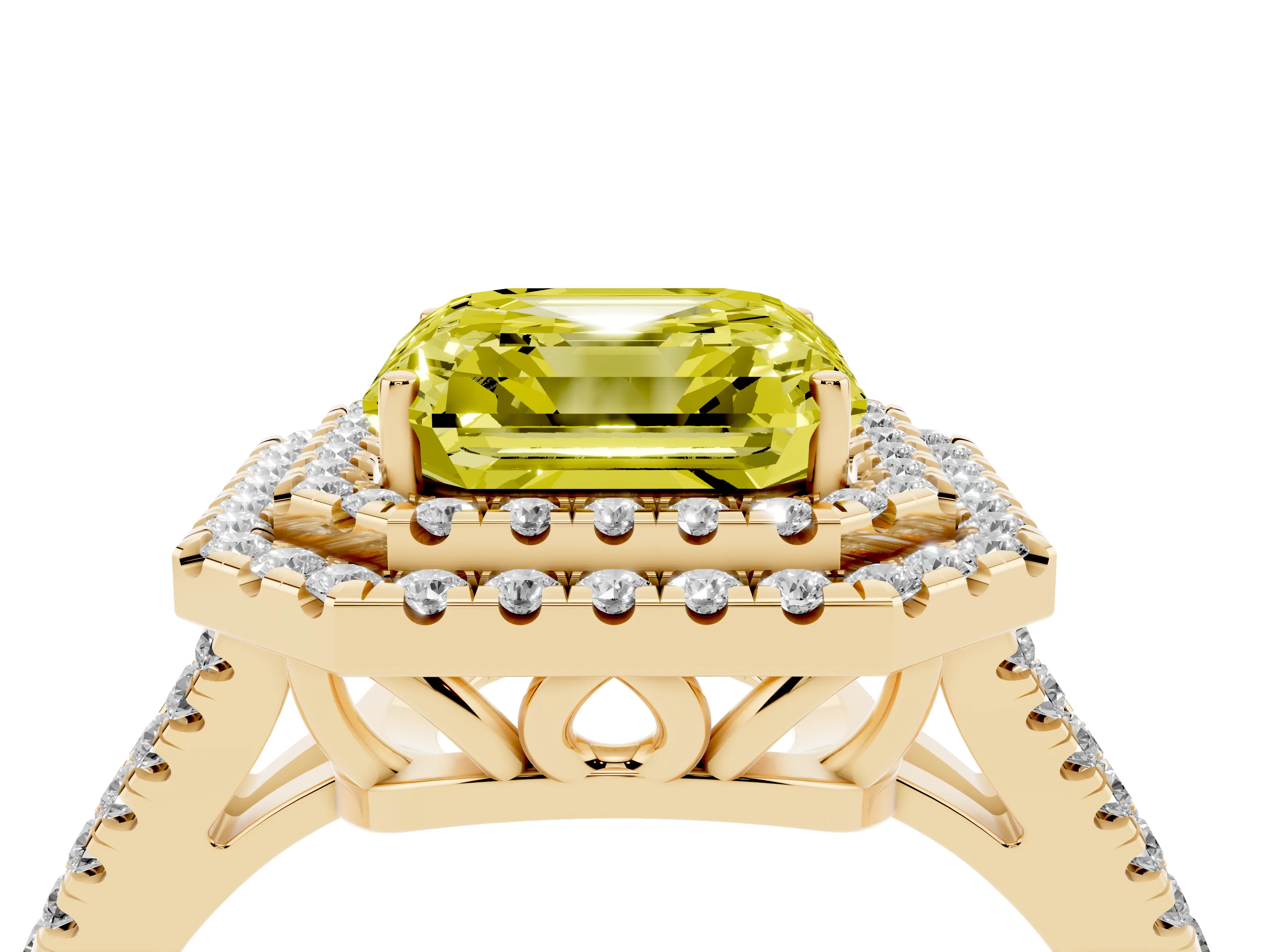 Fancy Yellow Asscher Cut Diamond Double Halo Ring Set in Yellow gold with Pavé Band