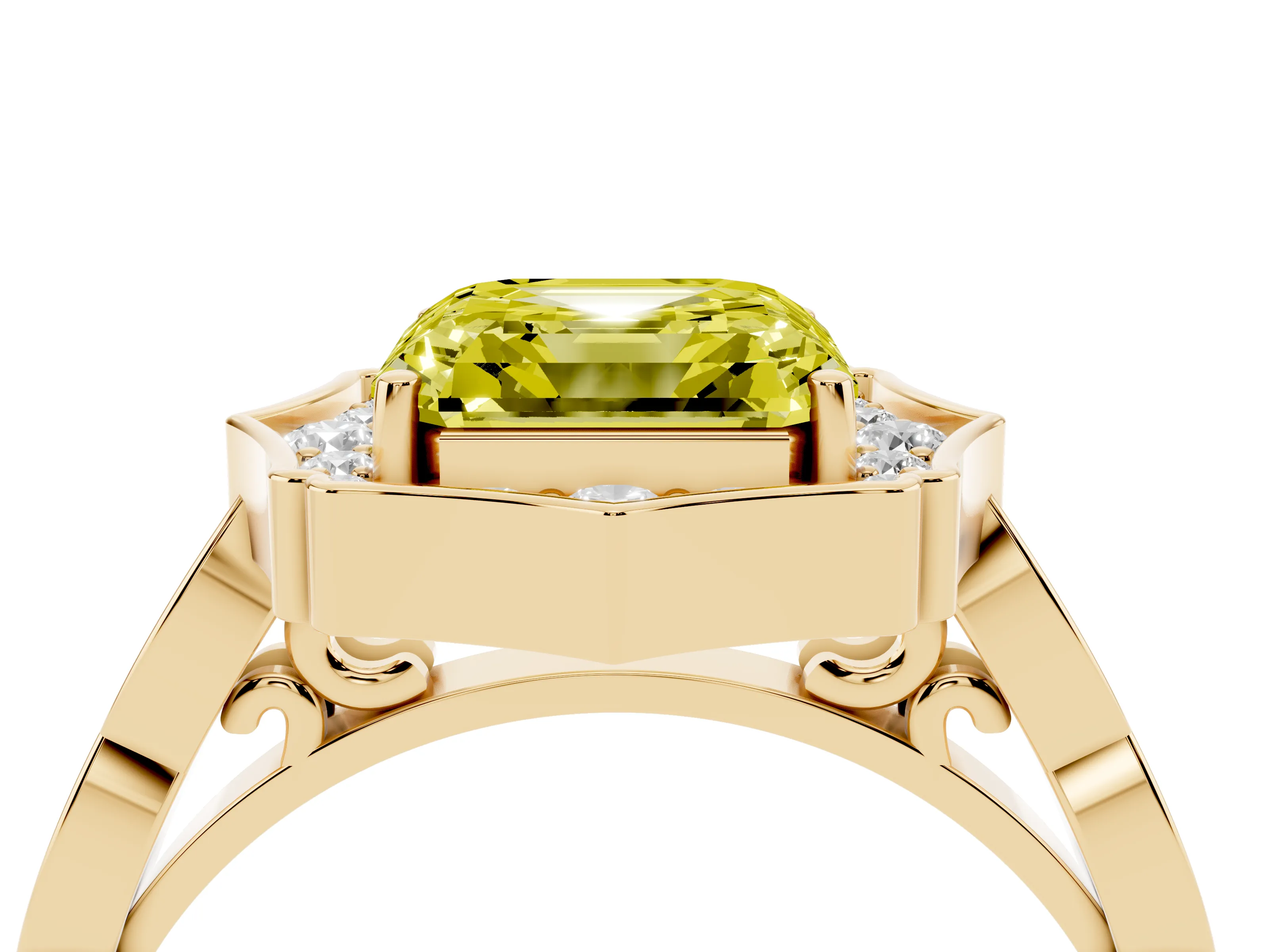Fancy Yellow Asscher Cut Diamond Halo Engagement Ring Set in Yellow gold with Milgrain Band and Prong Setting