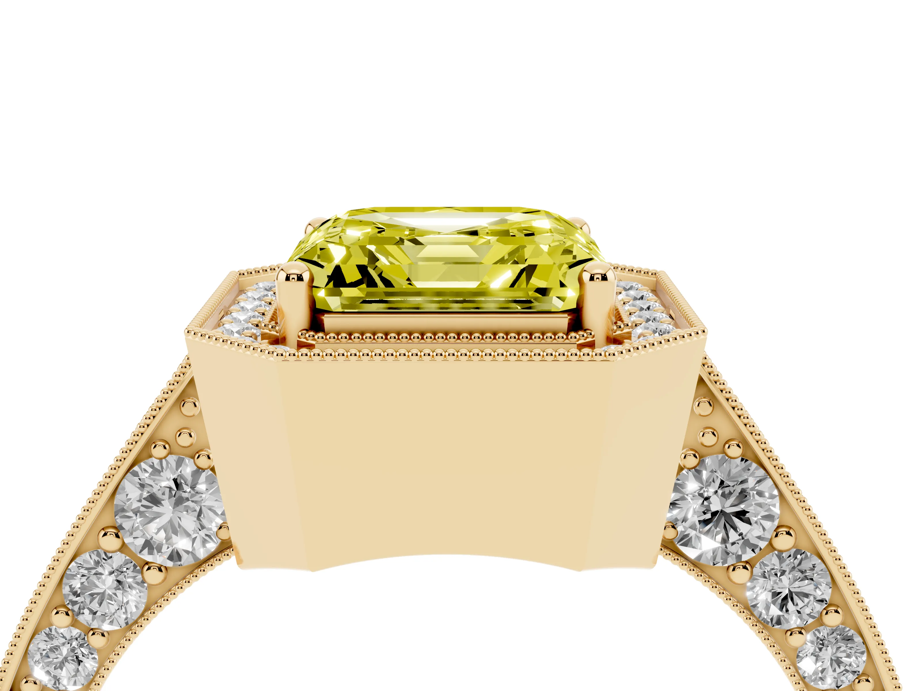 Fancy Yellow Asscher Cut Diamond Halo Engagement Ring Set in Yellow gold with Accent Split Shank Band
