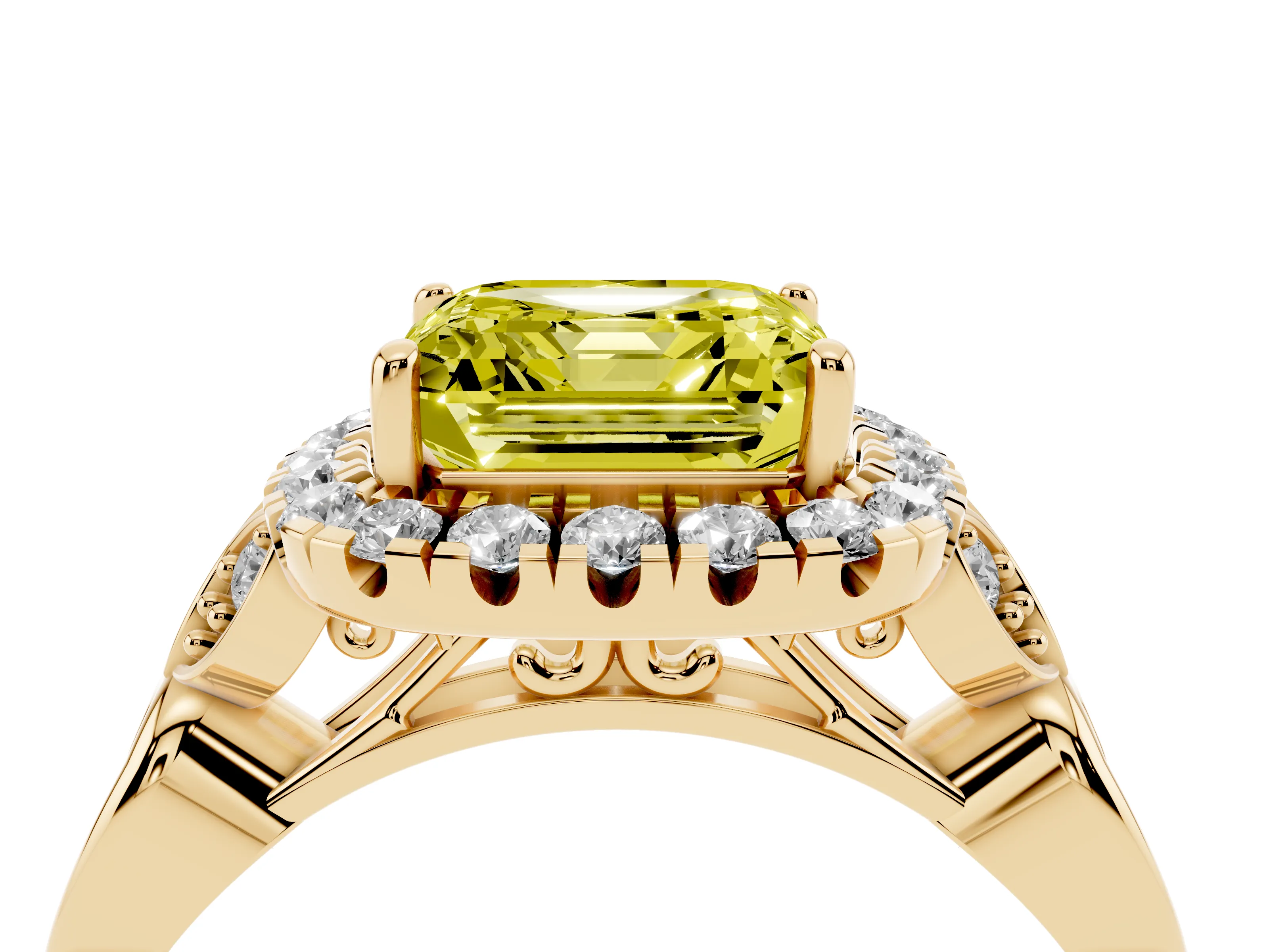 Fancy Yellow Asscher Cut Diamond Halo Engagement Ring Set in Yellow gold with Vintage-Inspired Band and Prong Setting