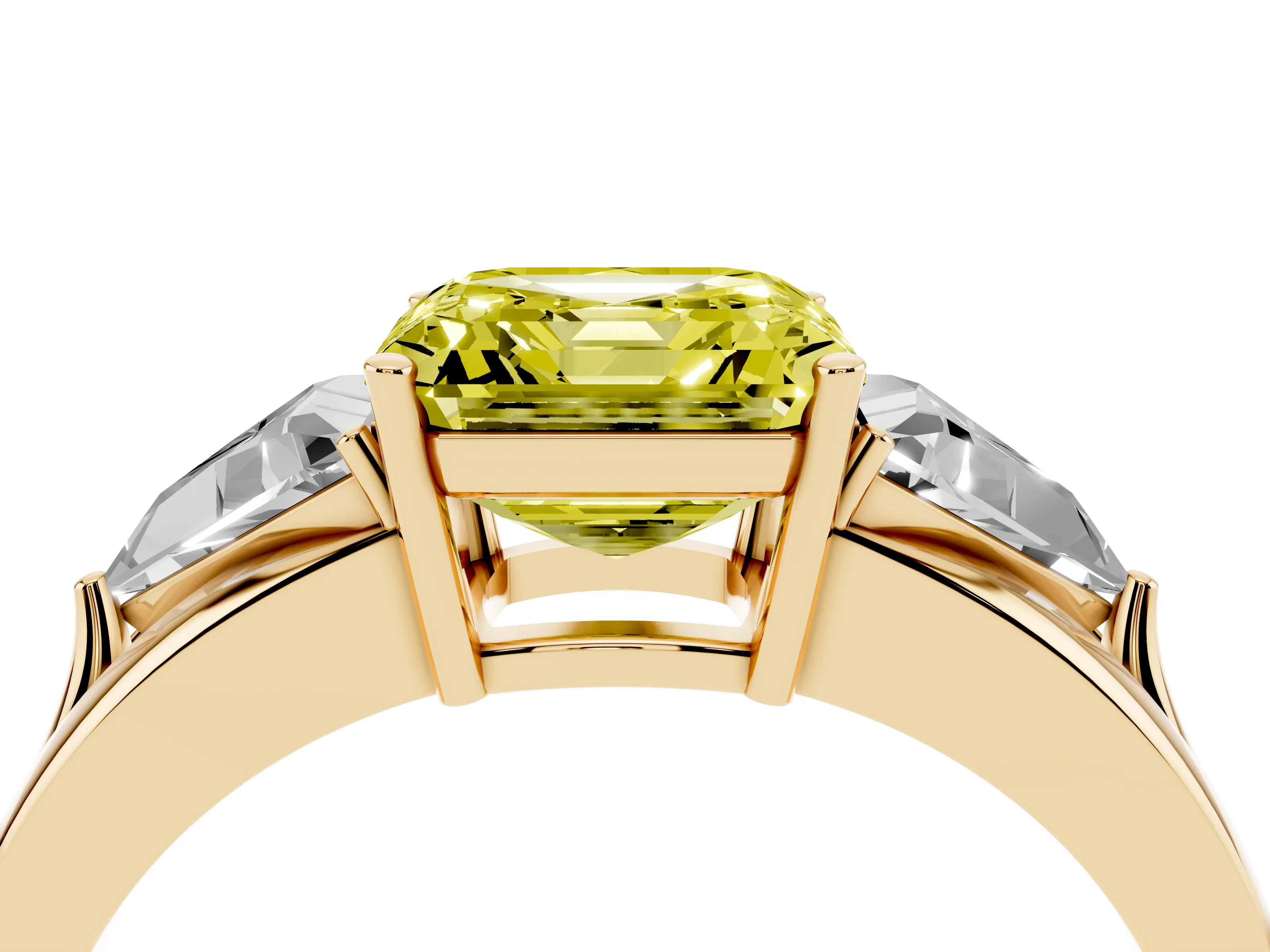 Fancy Yellow Asscher Cut Diamond Three-Stone Ring Set in Yellow gold with Trillion Side Stones and Split Shank