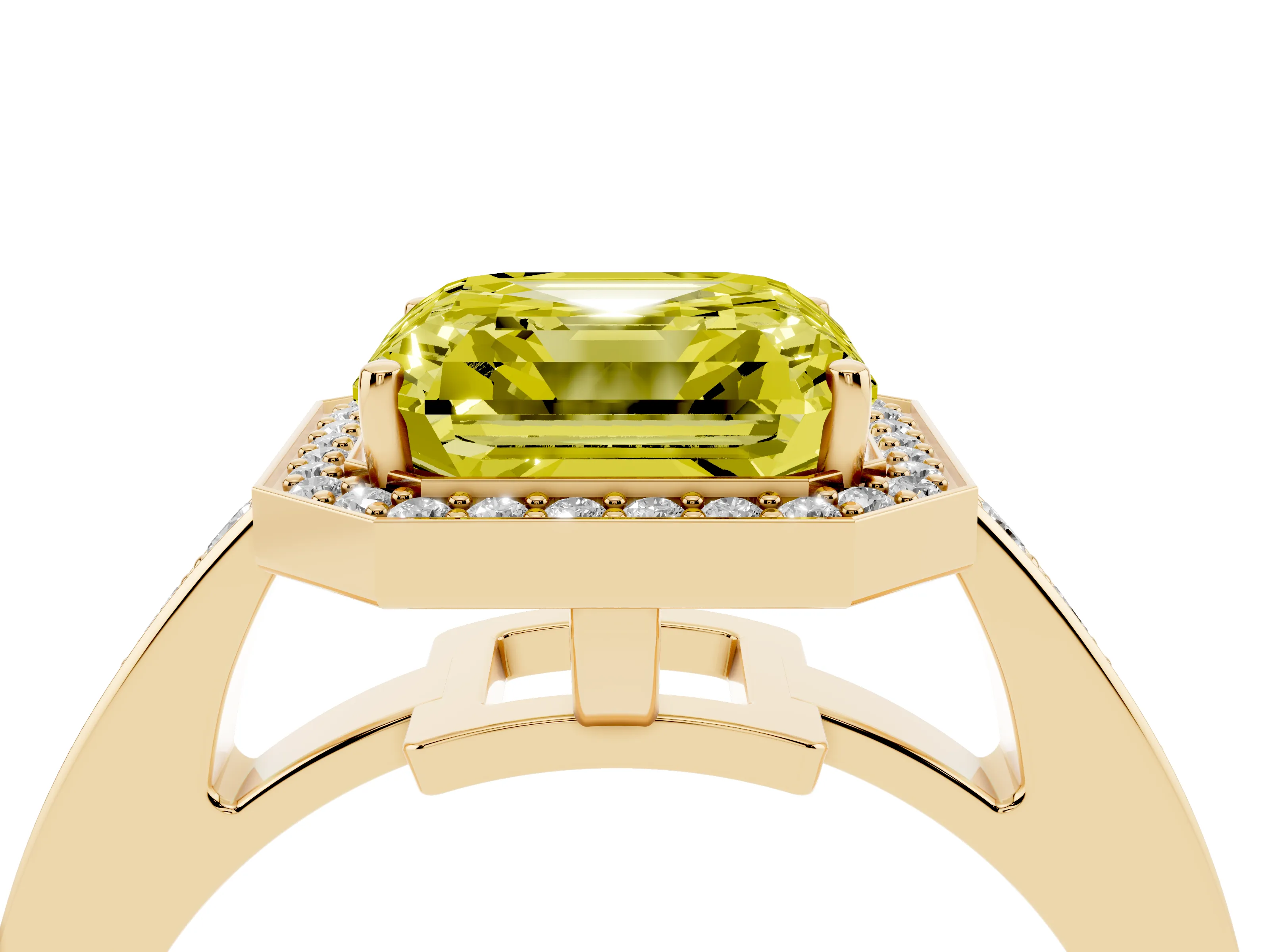 Fancy Yellow Asscher Cut Diamond Halo Pavé Engagement Ring Set in Yellow gold with Bezel Setting