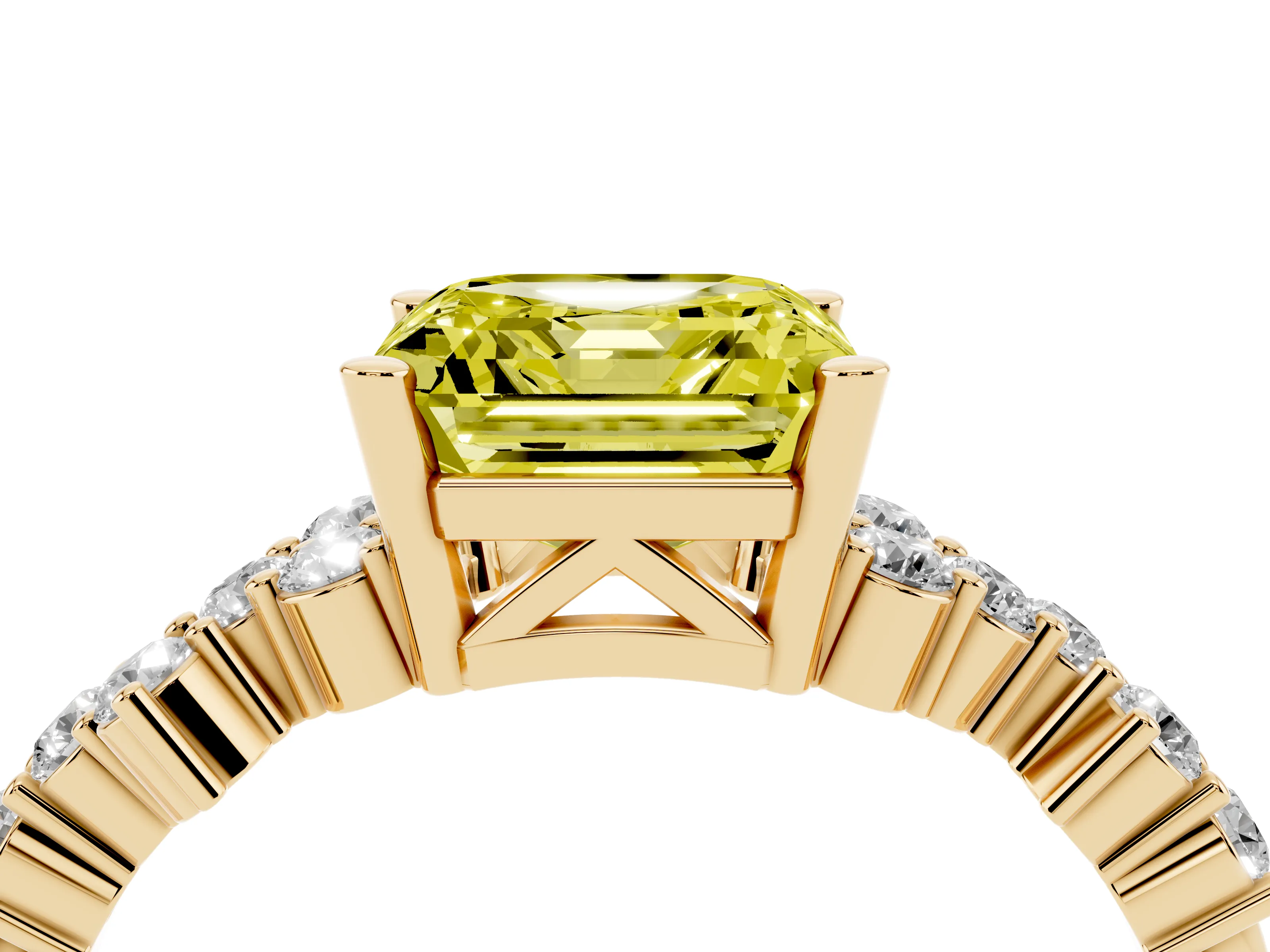 Fancy Yellow Asscher Cut Diamond Ring Set in Yellow gold with Scattered Round Accents