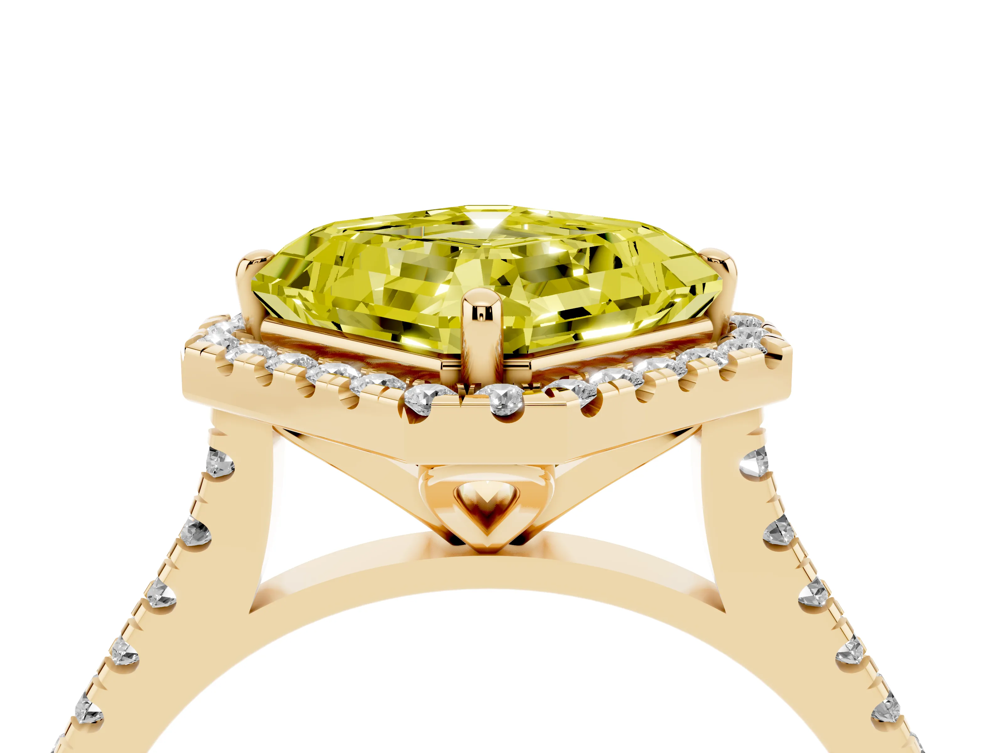 Fancy Yellow Asscher Cut Diamond Cushion Halo Ring Set in Yellow gold with Pavé Band