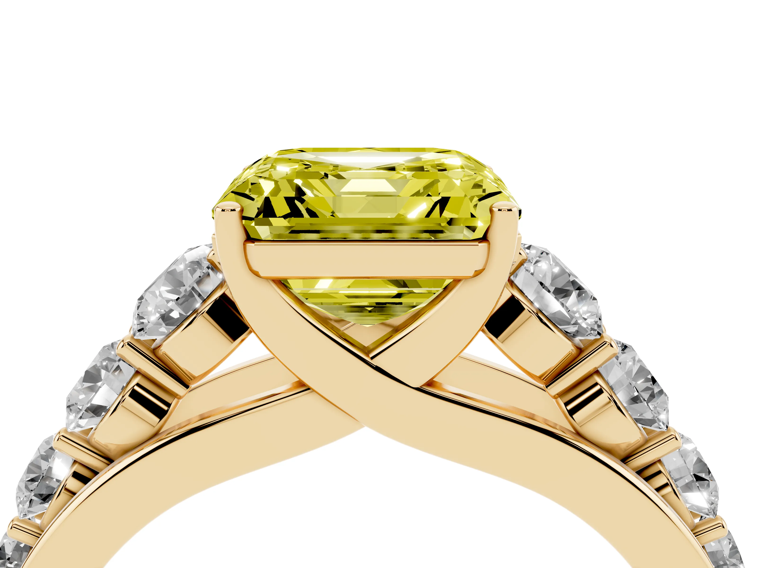 Fancy Yellow Asscher Cut Diamond Solitaire Ring Set in Yellow gold with Pavé-Set Band and Prong Setting