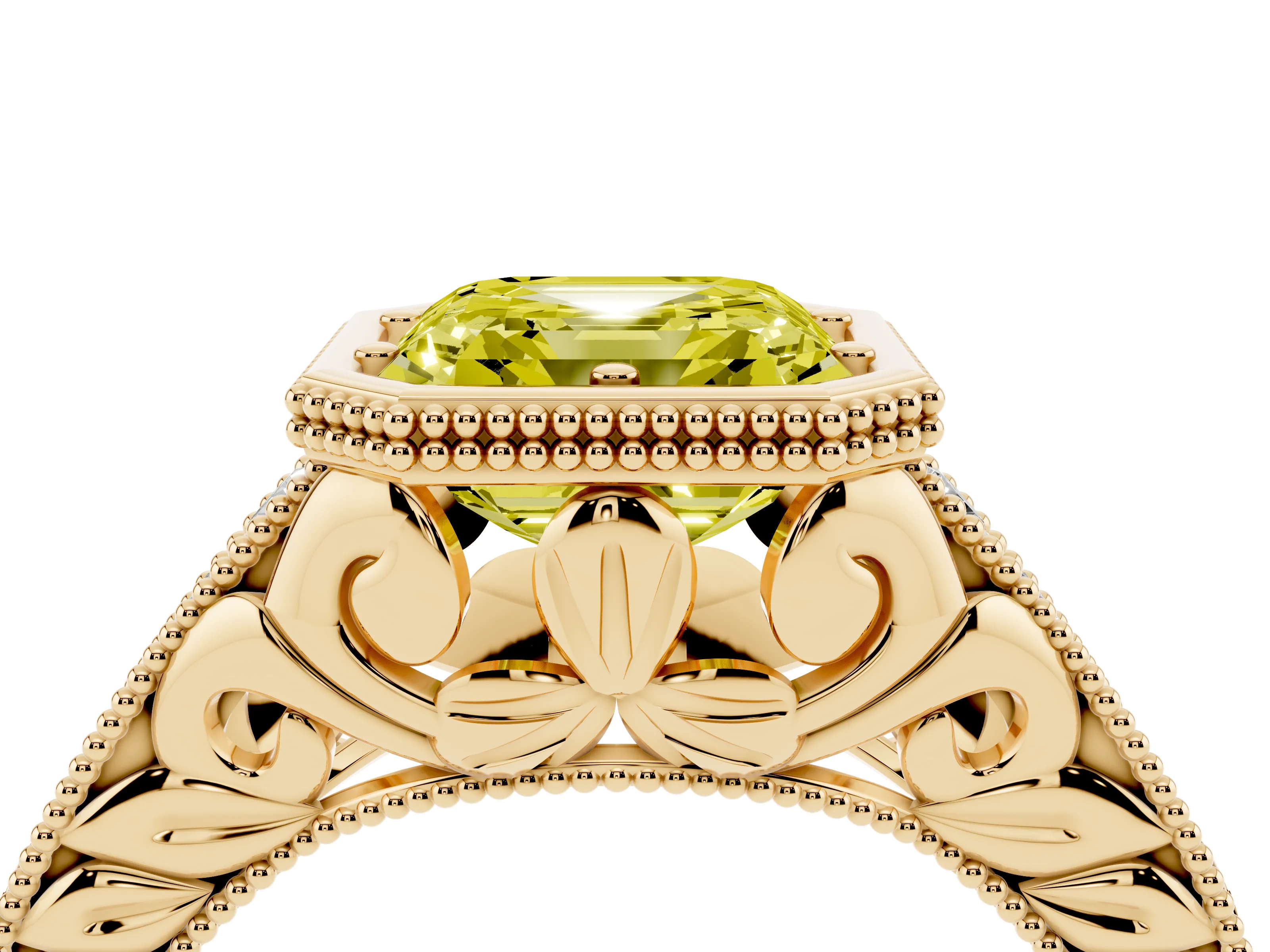 Fancy Yellow Bezel Set Asscher Cut Diamond Milgrain Pavé Engagement Ring Set in Yellow gold