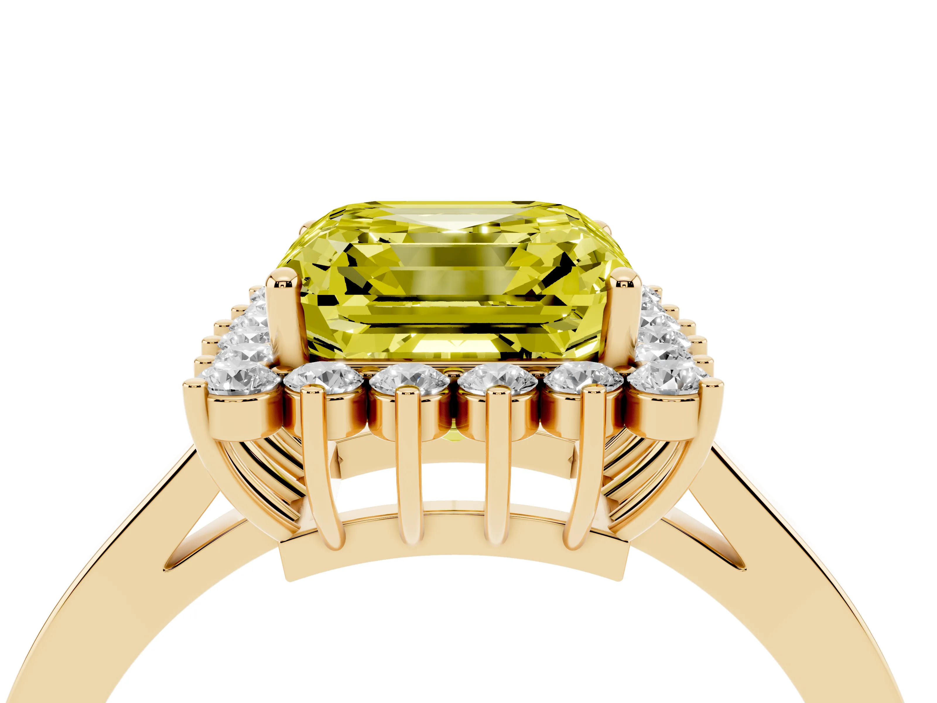 Fancy Yellow Asscher Cut Diamond Halo Ring Set in Yellow gold with Round Halo and Smooth Solitaire Band