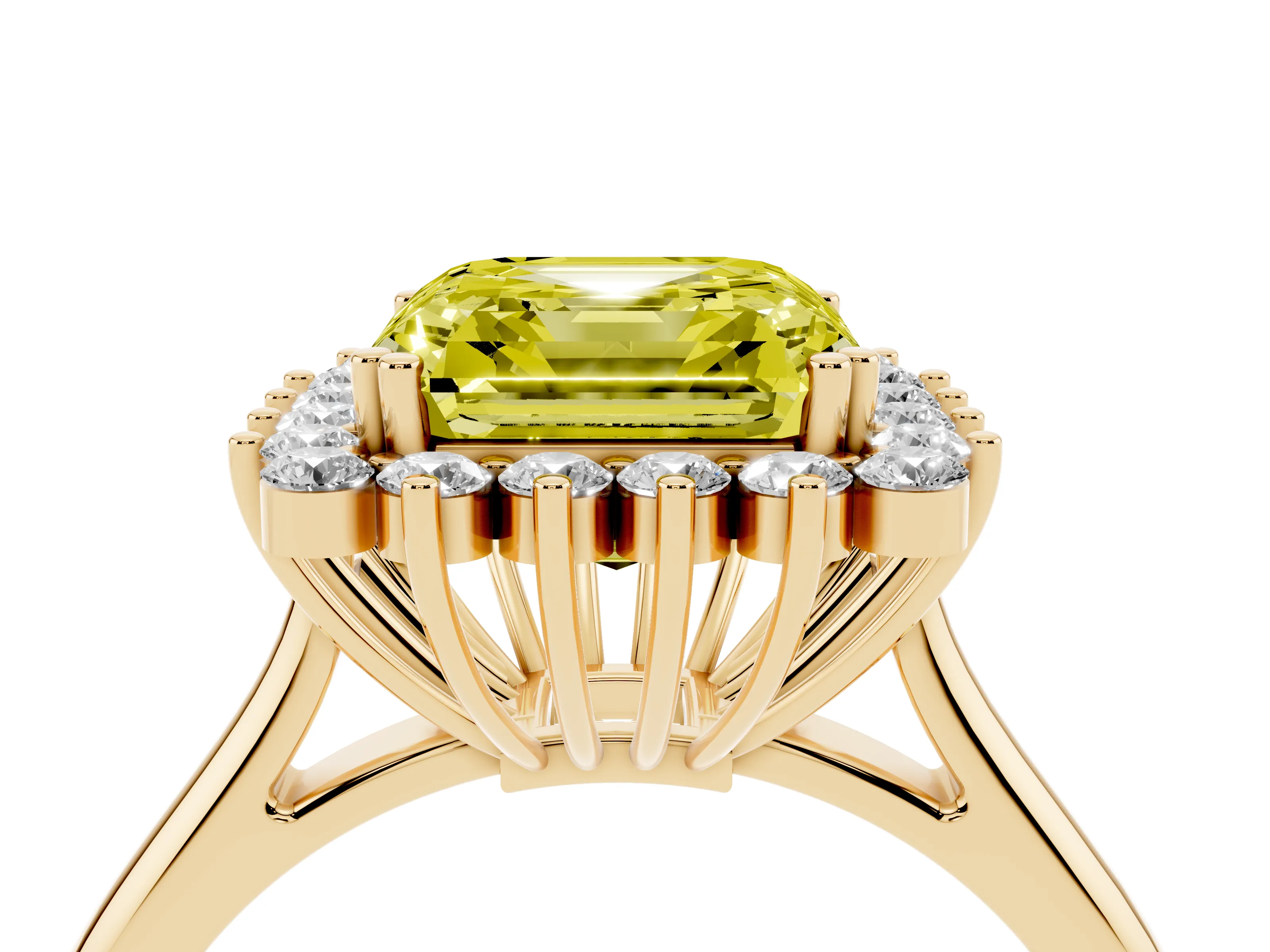 Fancy Yellow Asscher Cut Diamond Halo Ring Set in Yellow gold with Plain Solitaire Band and Prong Setting