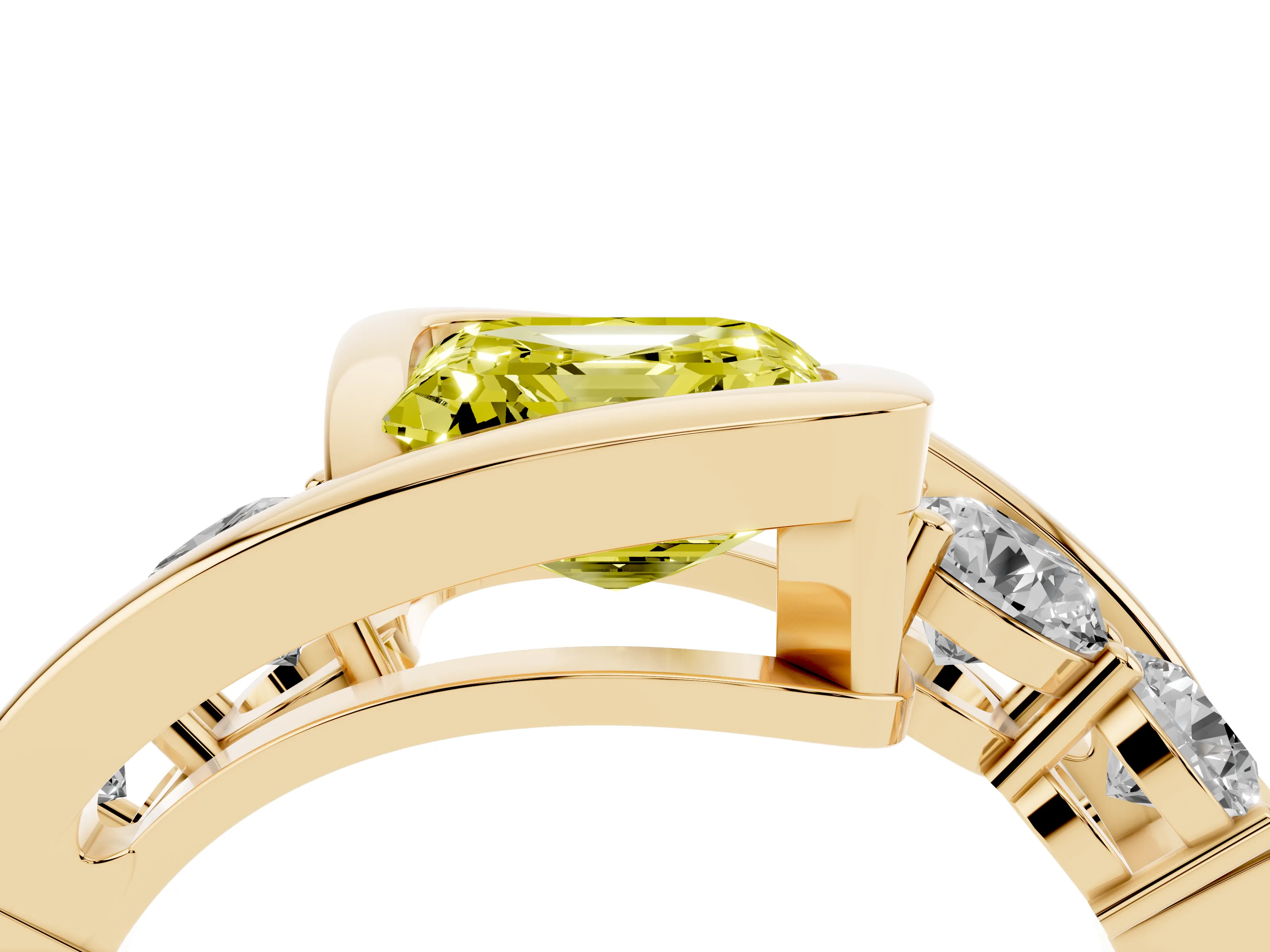 Fancy Yellow Asscher Cut Diamond Bezel Bypass Ring Set in Yellow gold with Round Accents