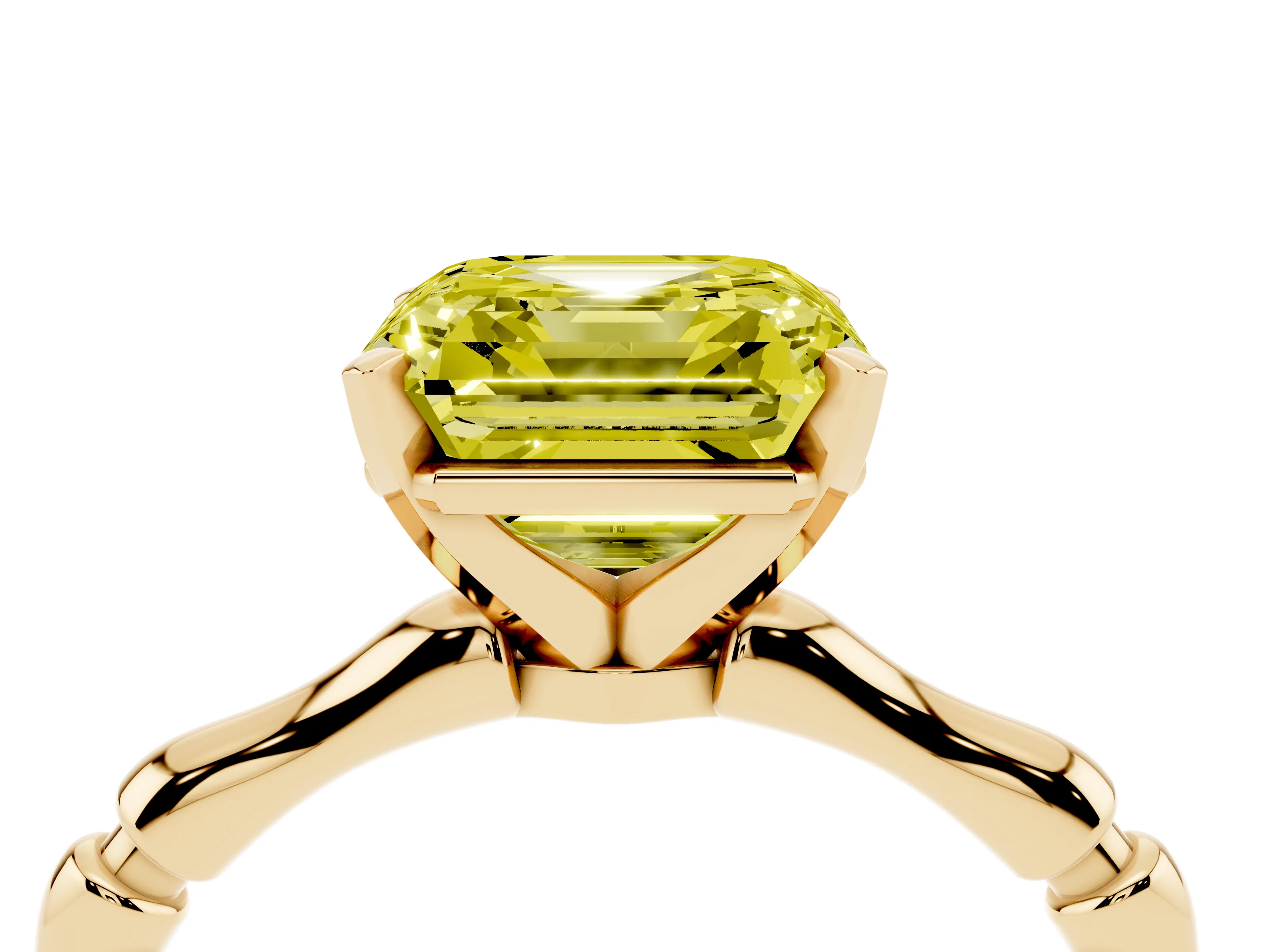 Fancy Yellow Asscher Cut Diamond Solitaire Ring Set in Yellow gold with Bamboo Band and Prong Setting