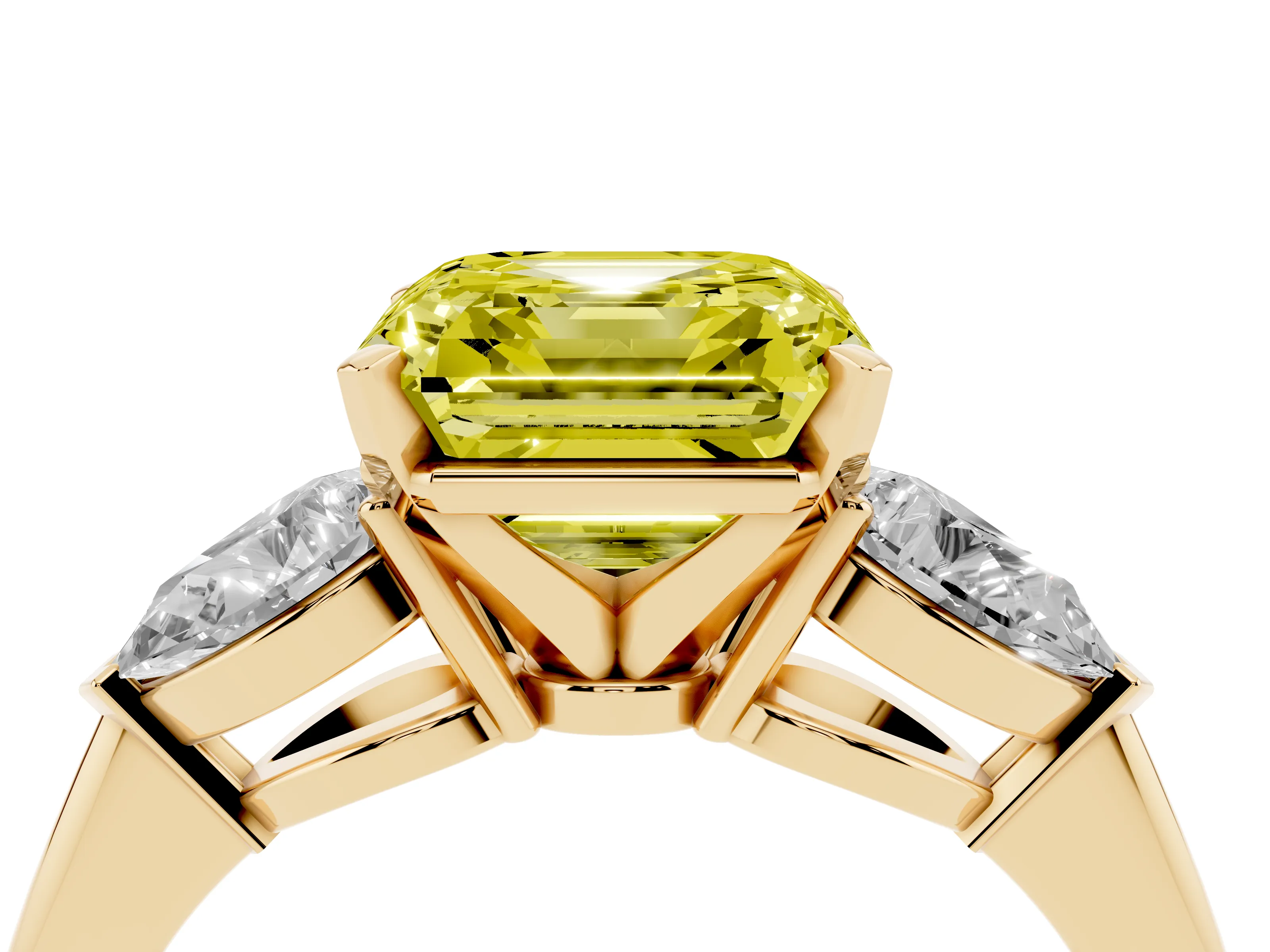 Fancy Yellow Three-Stone Asscher Cut Diamond Ring Set in Yellow gold with Pear Side Stones and Prong Setting