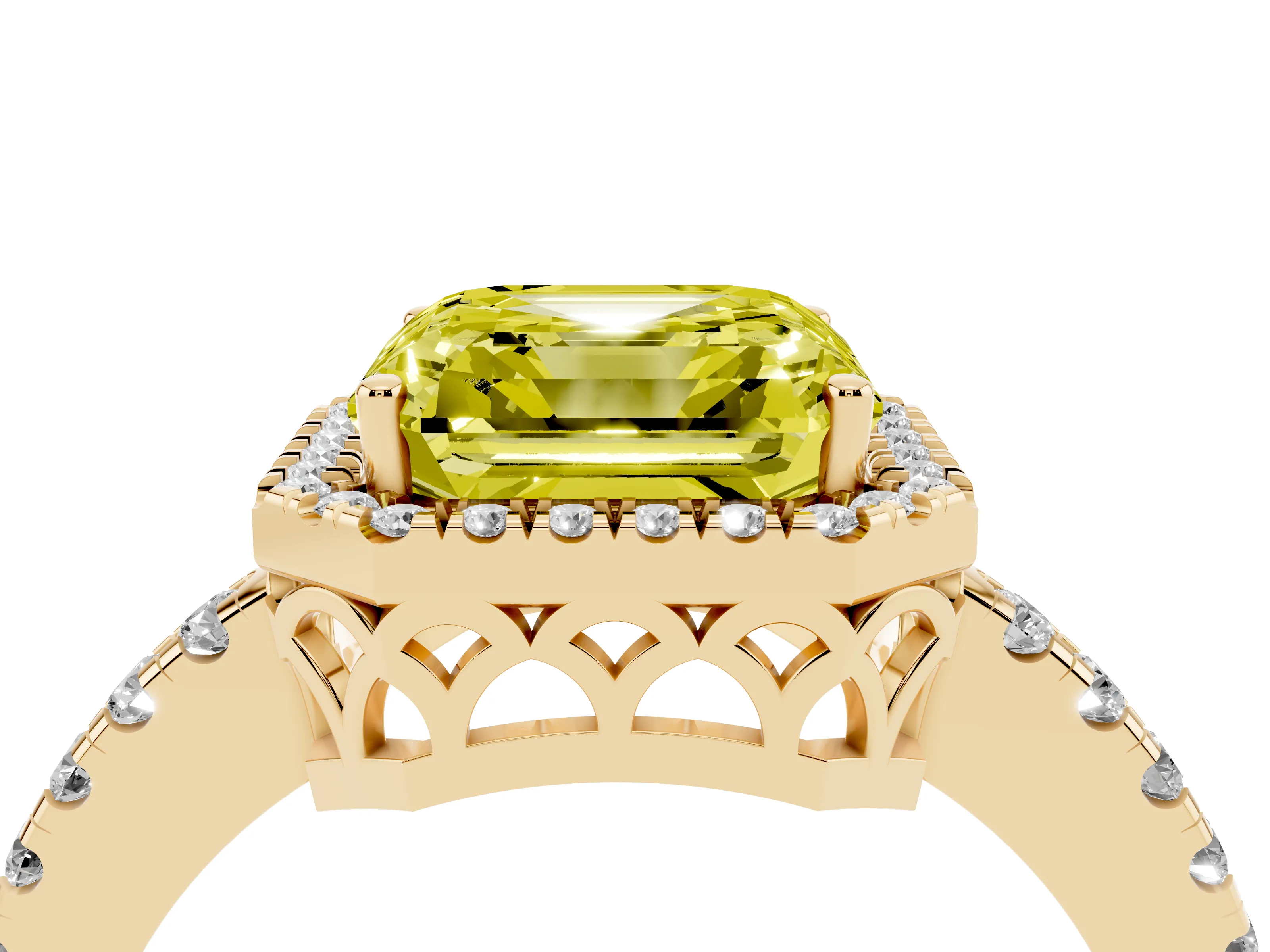 Fancy Yellow Asscher Cut Diamond Pavé Band Halo Engagement Ring Set in Yellow gold with Prong Setting