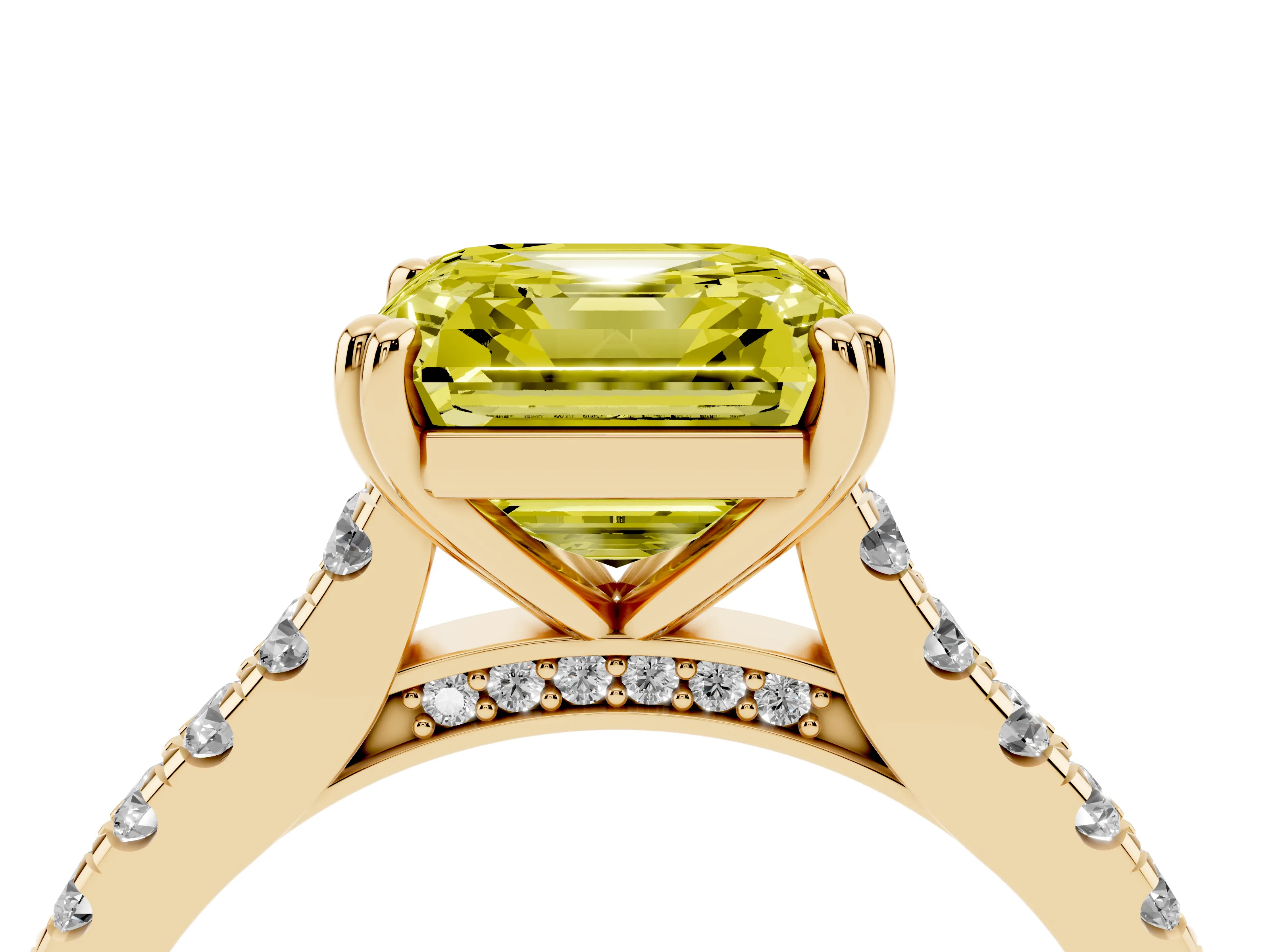 Fancy Yellow Asscher Cut Diamond Solitaire Engagement Ring Set in Yellow gold with Pavé Accents and Prong Setting