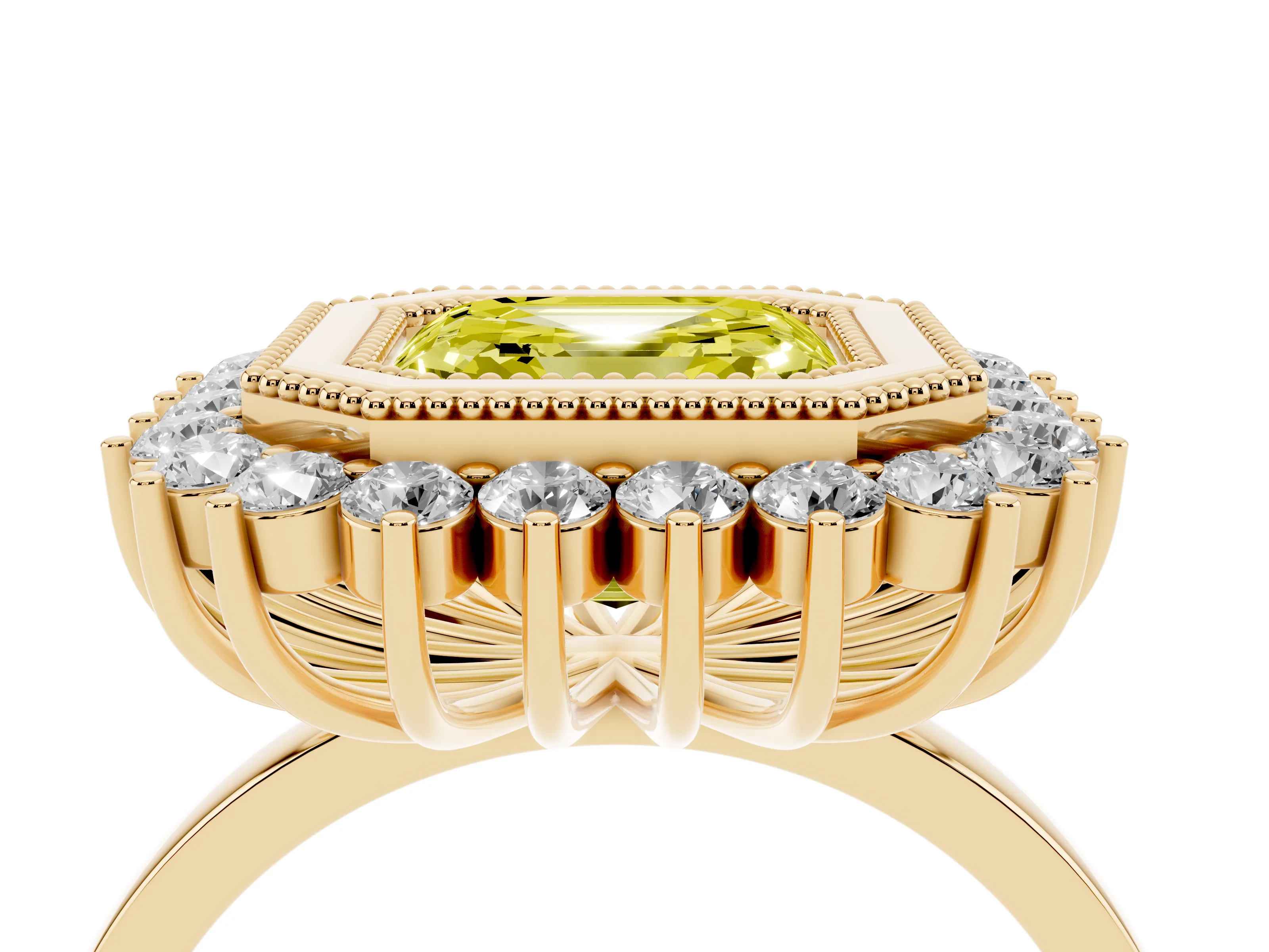 Fancy Yellow Asscher Cut Diamond Halo Ring Set in Yellow gold with Milgrain Edge and Round Prong Setting