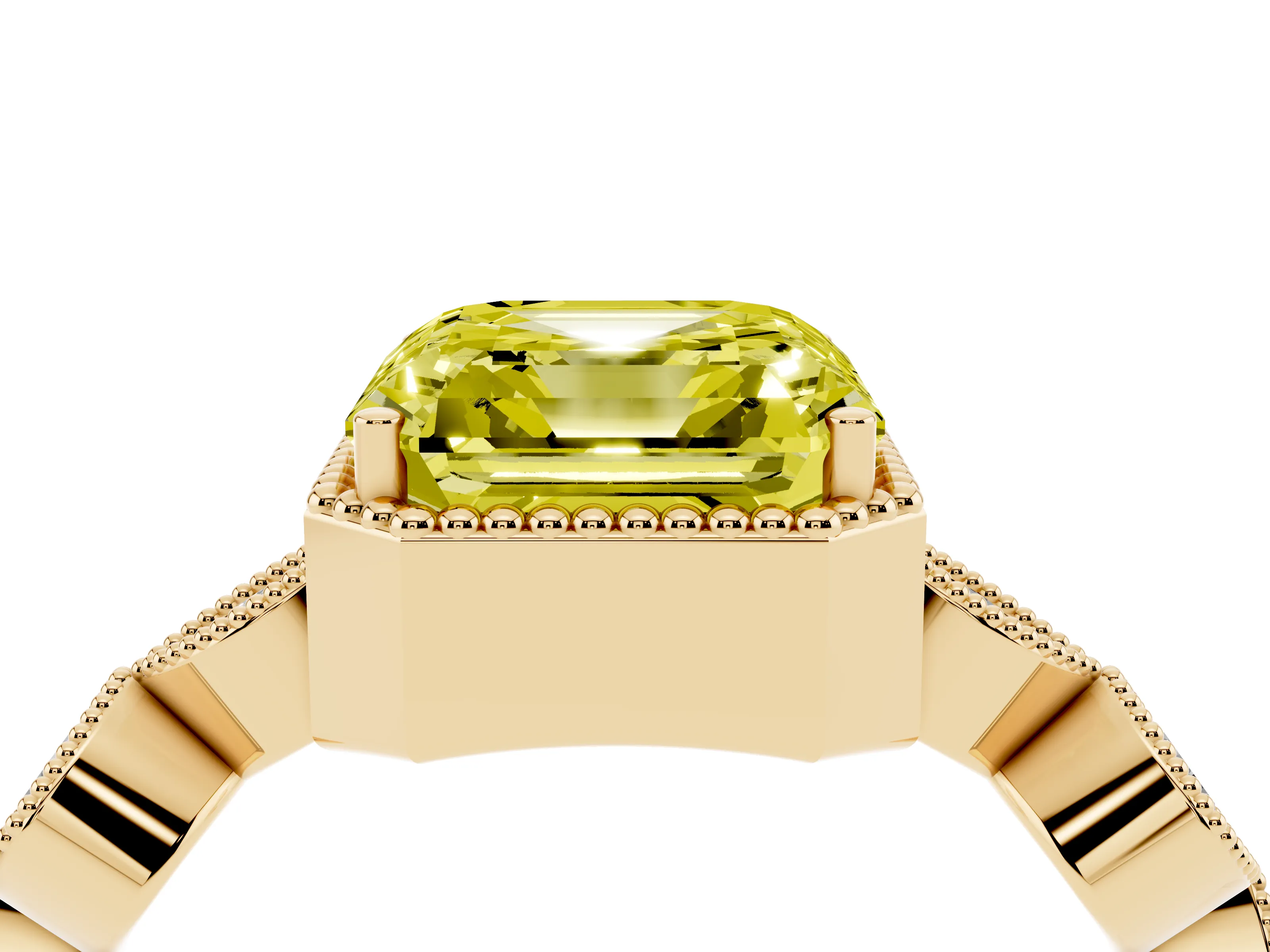 Fancy Yellow Asscher Cut Diamond Vintage-Inspired Milgrain Ring Set in Yellow gold with Marquise Stations of Round Accents