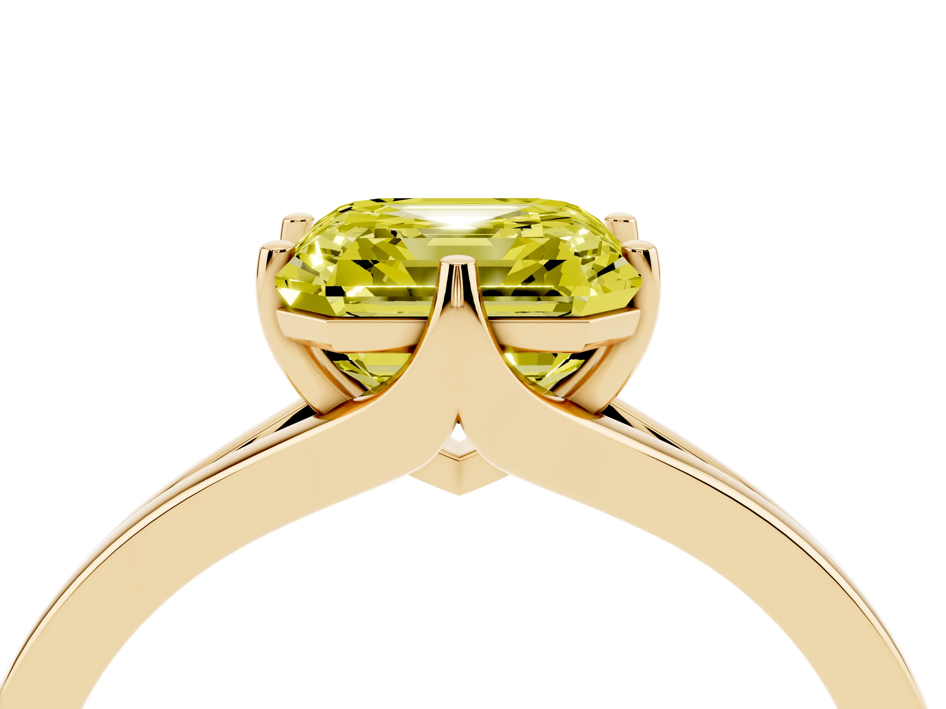Fancy Yellow Asscher Cut Diamond Solitaire Ring Set in Yellow gold with Polished Tapered Band and Prong Setting