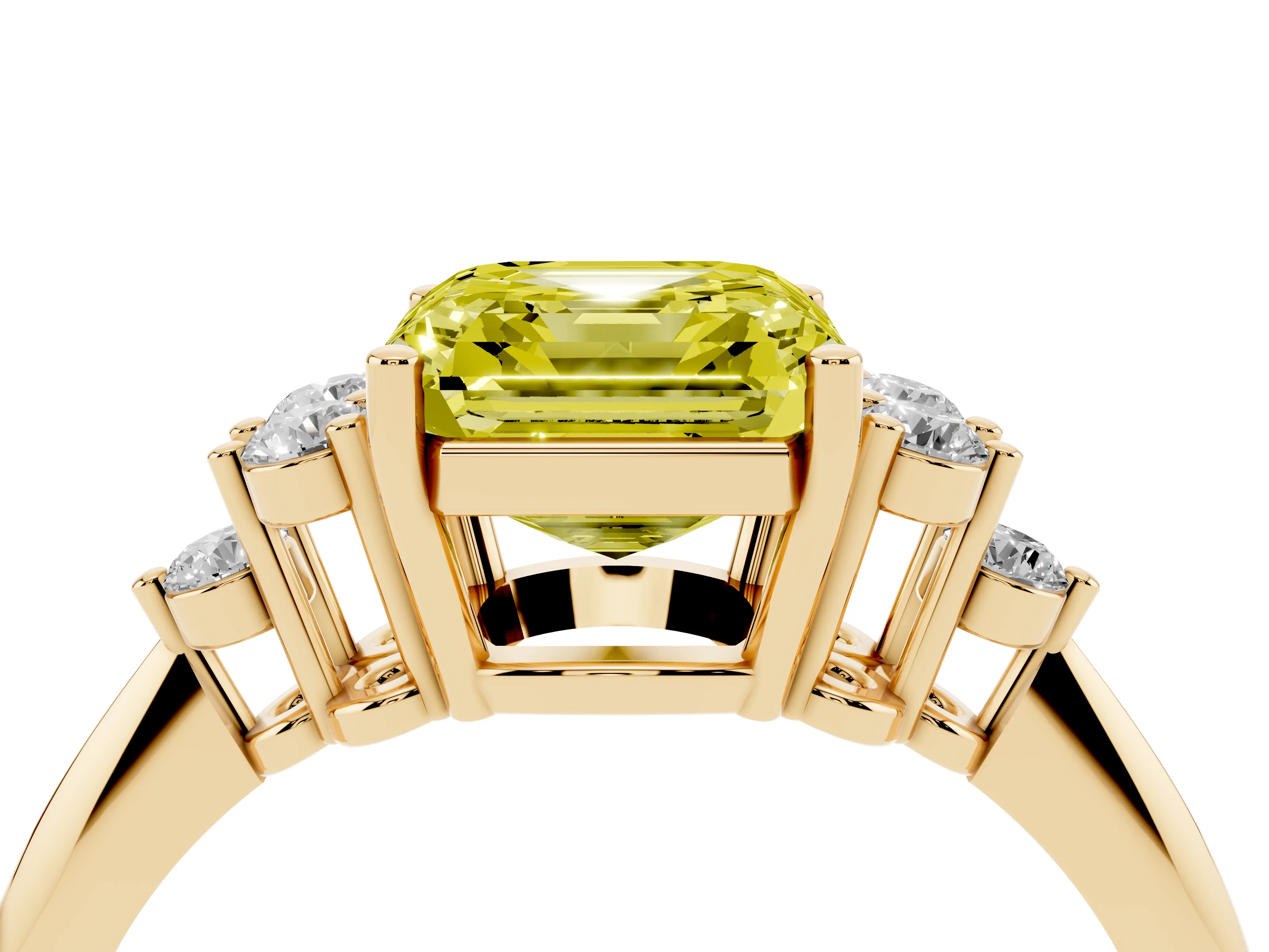 Fancy Yellow Asscher Cut Diamond Cluster Ring Set in Yellow gold with Plain Band and Prong Setting