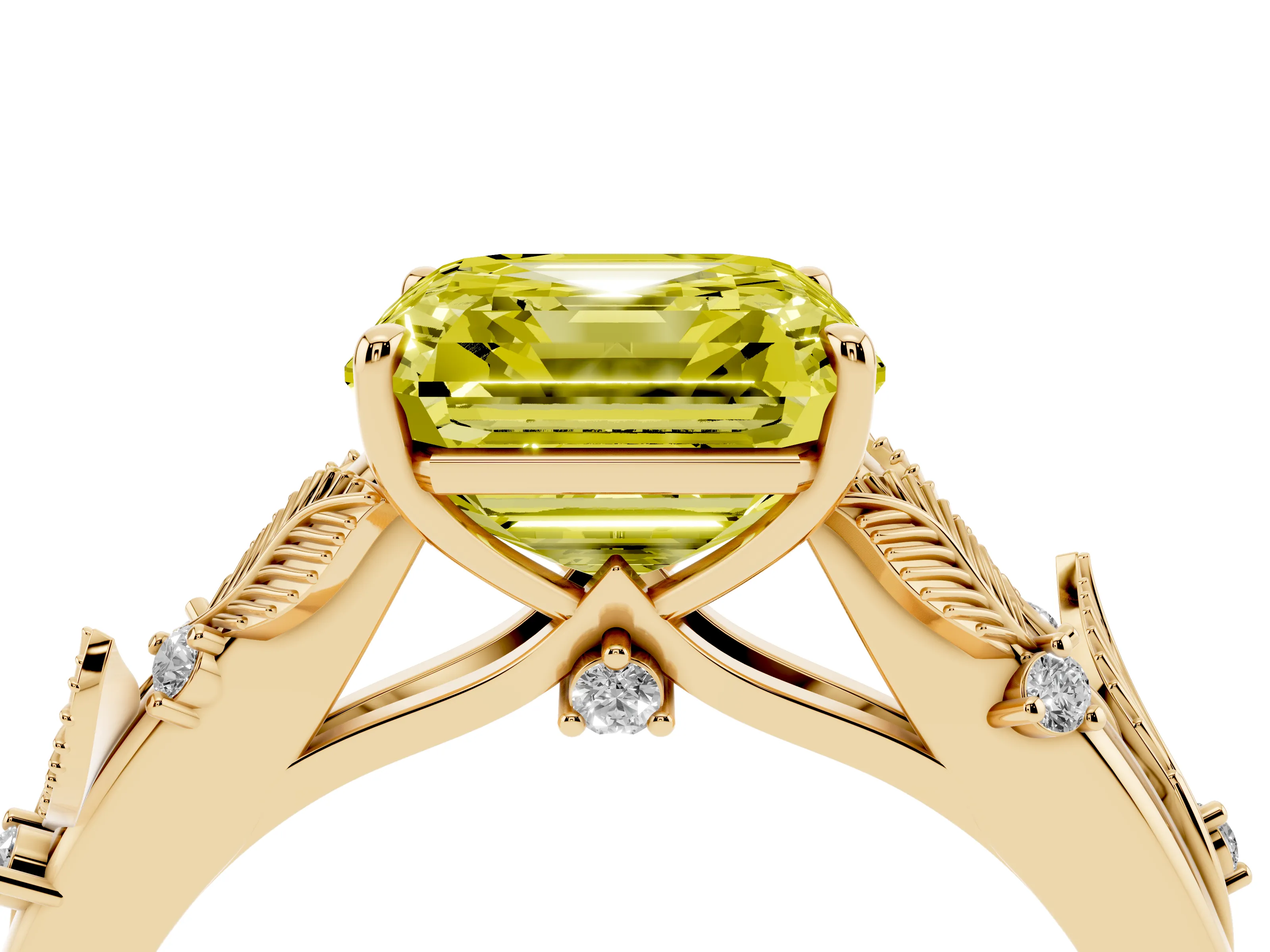 Fancy Yellow Asscher Cut Diamond Solitaire Ring Set in Yellow gold with Leaf Motif Band