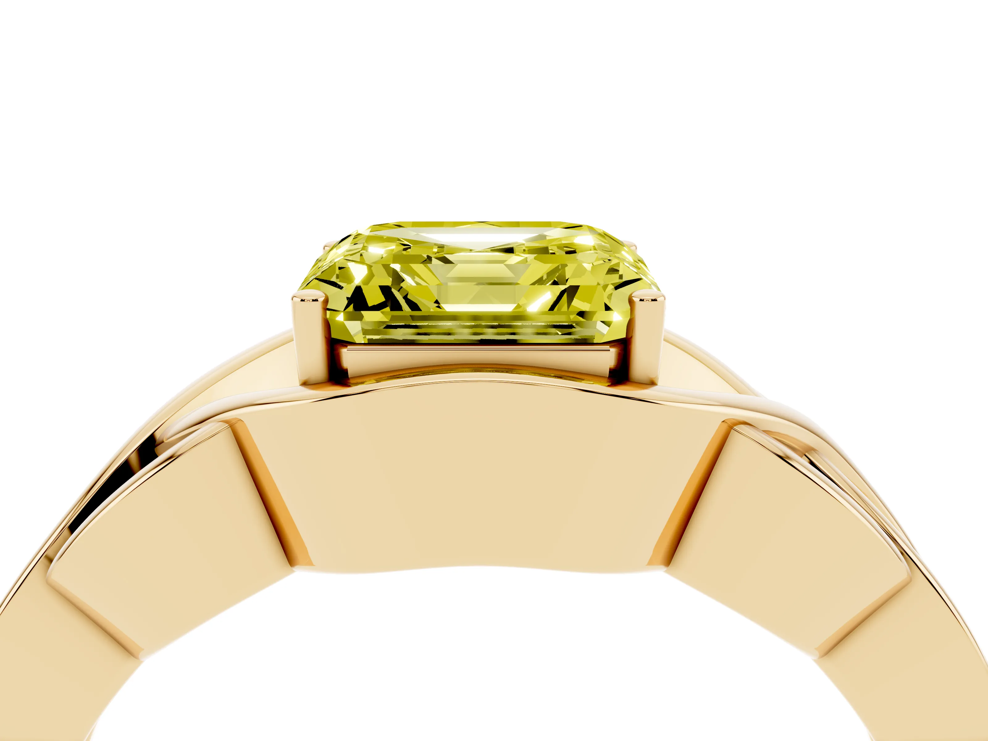 Fancy Yellow Asscher Cut Diamond Solitaire Ring Set in Yellow gold with Intertwined Band