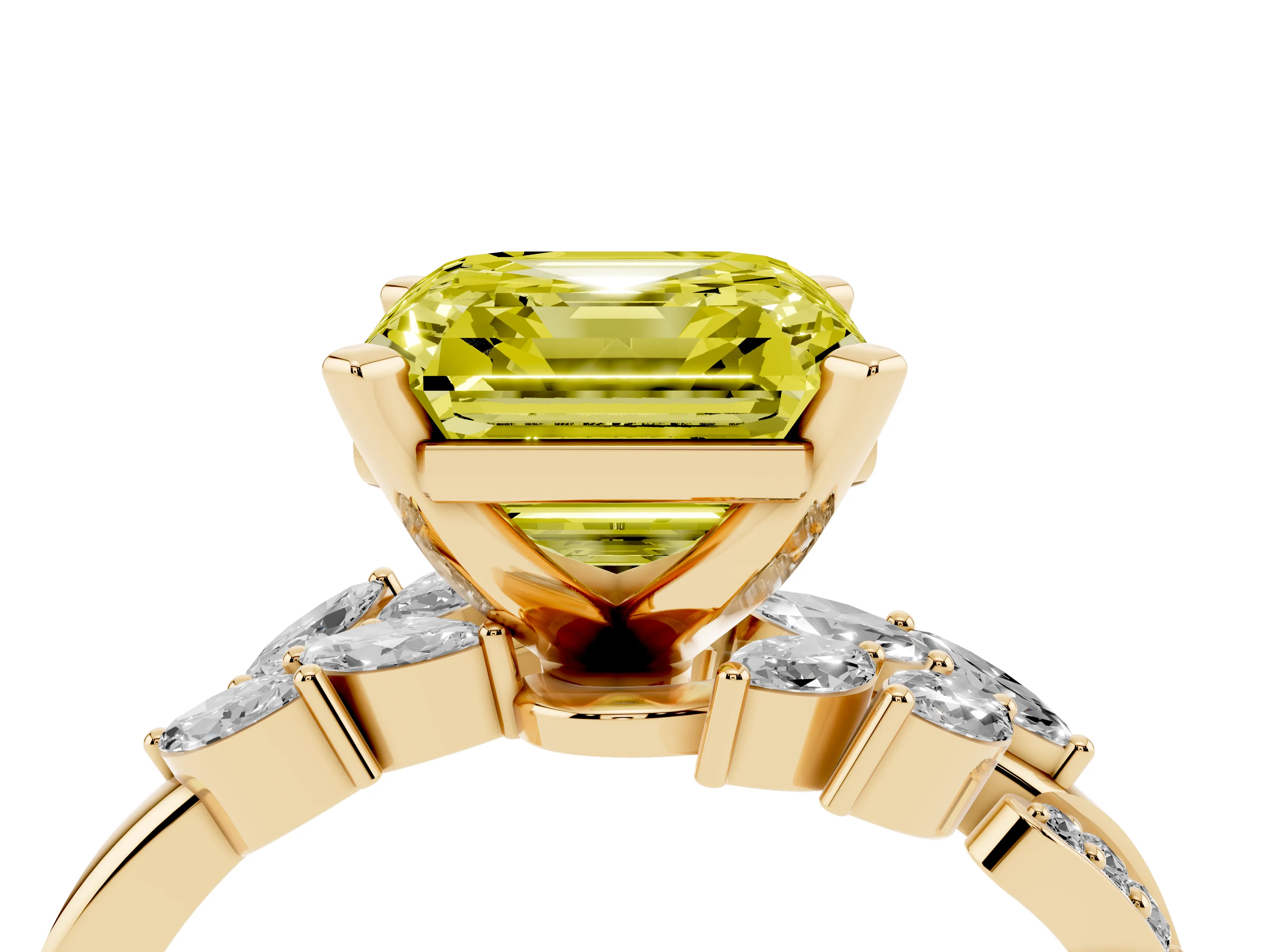 Fancy Yellow Asscher Cut Diamond Solitaire Ring Set in Yellow gold with Marquise Twist Band and Prong Setting
