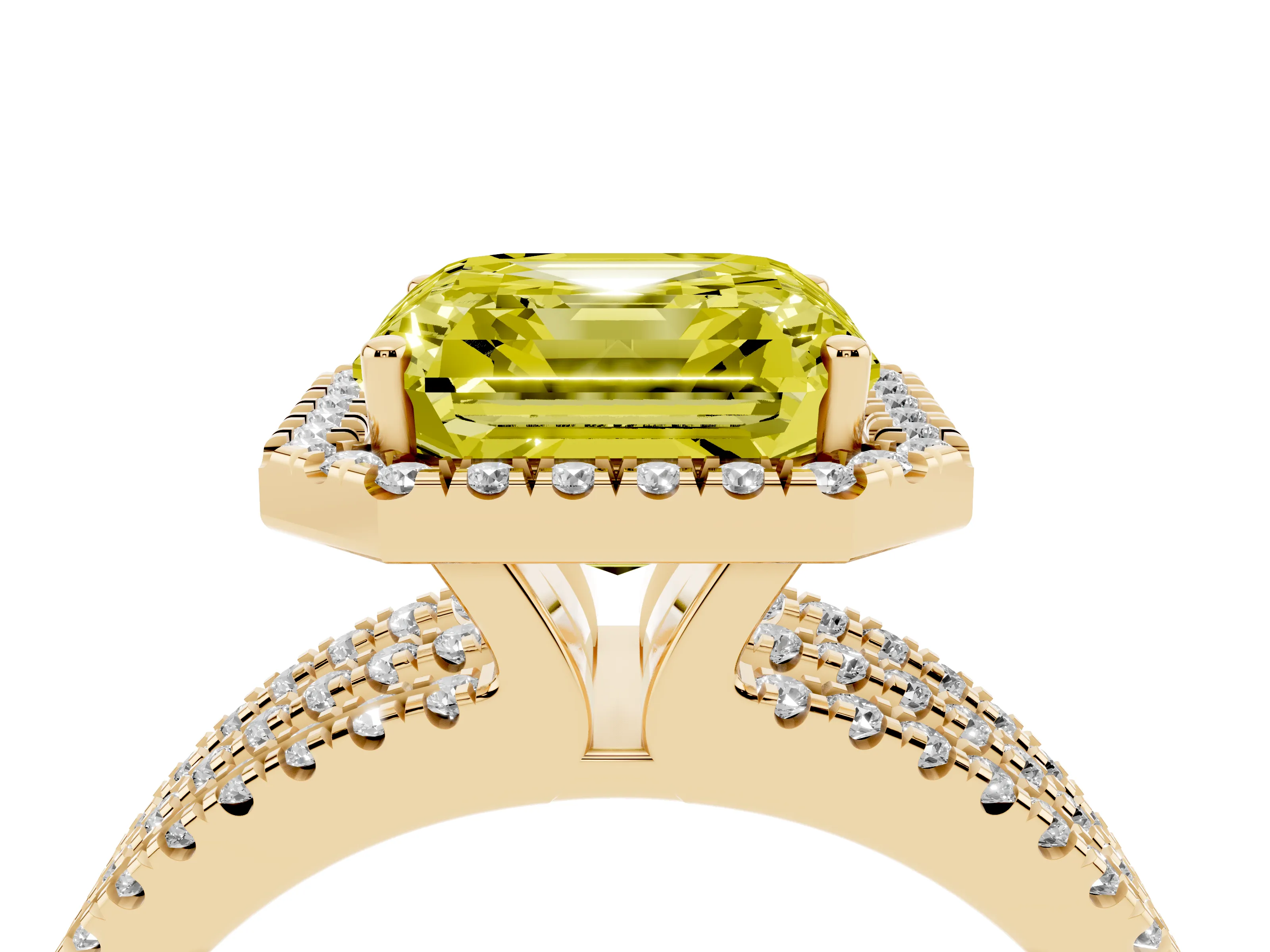 Fancy Yellow Asscher Cut Diamond Halo Split Shank Engagement Ring Set in Yellow gold with Prong Setting