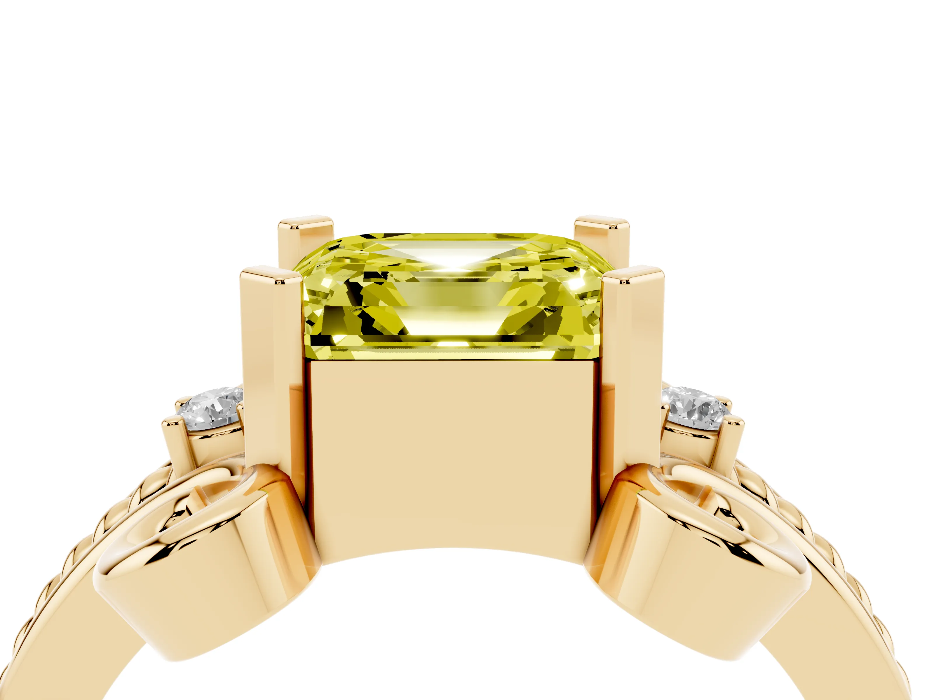 Fancy Yellow Asscher Cut Diamond Twisted Band Solitaire Ring Set in Yellow gold with Scroll Prongs