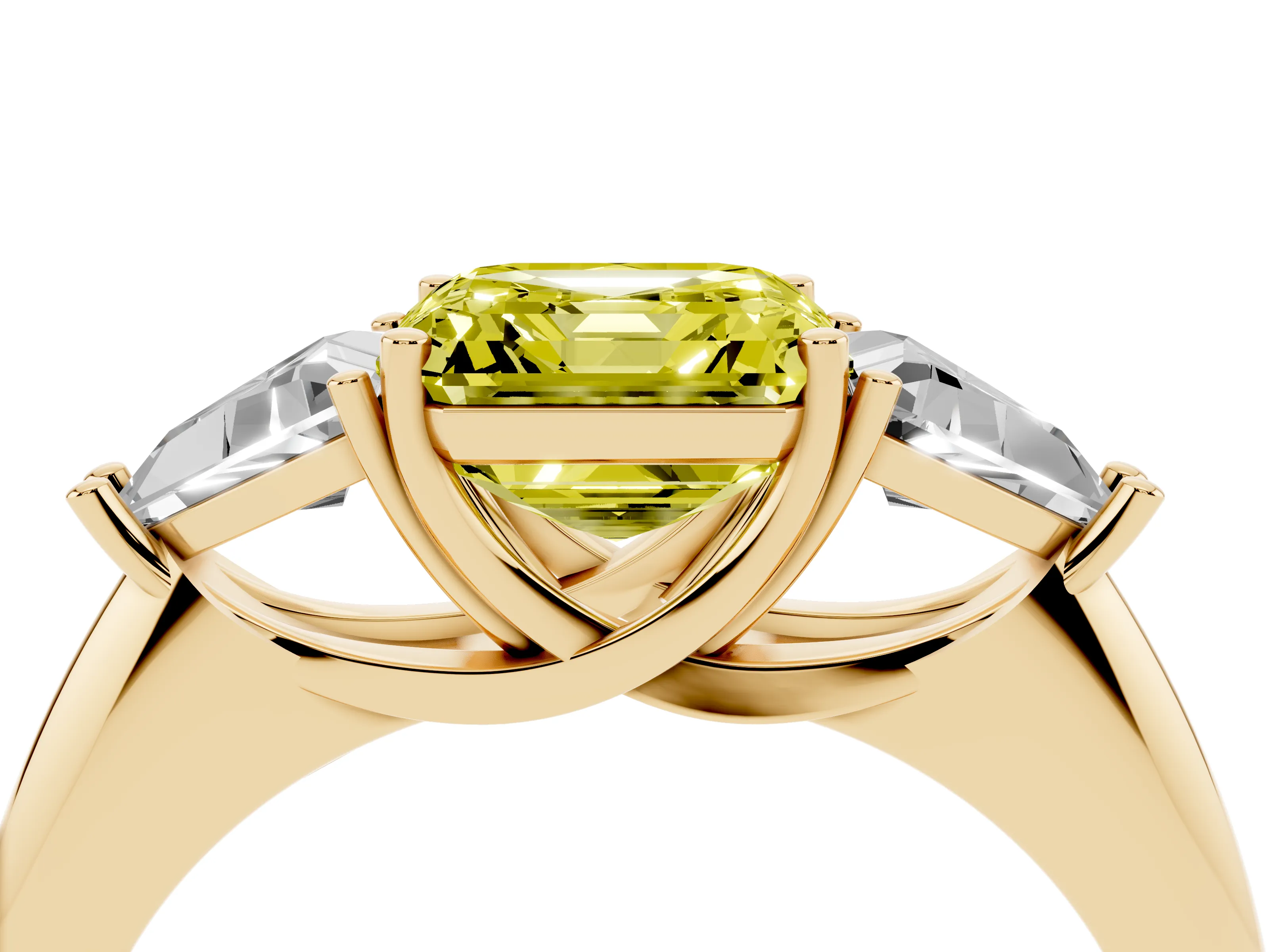 Fancy Yellow Asscher Cut Diamond Three-Stone Engagement Ring Set in Yellow gold with Trillion Side Stones