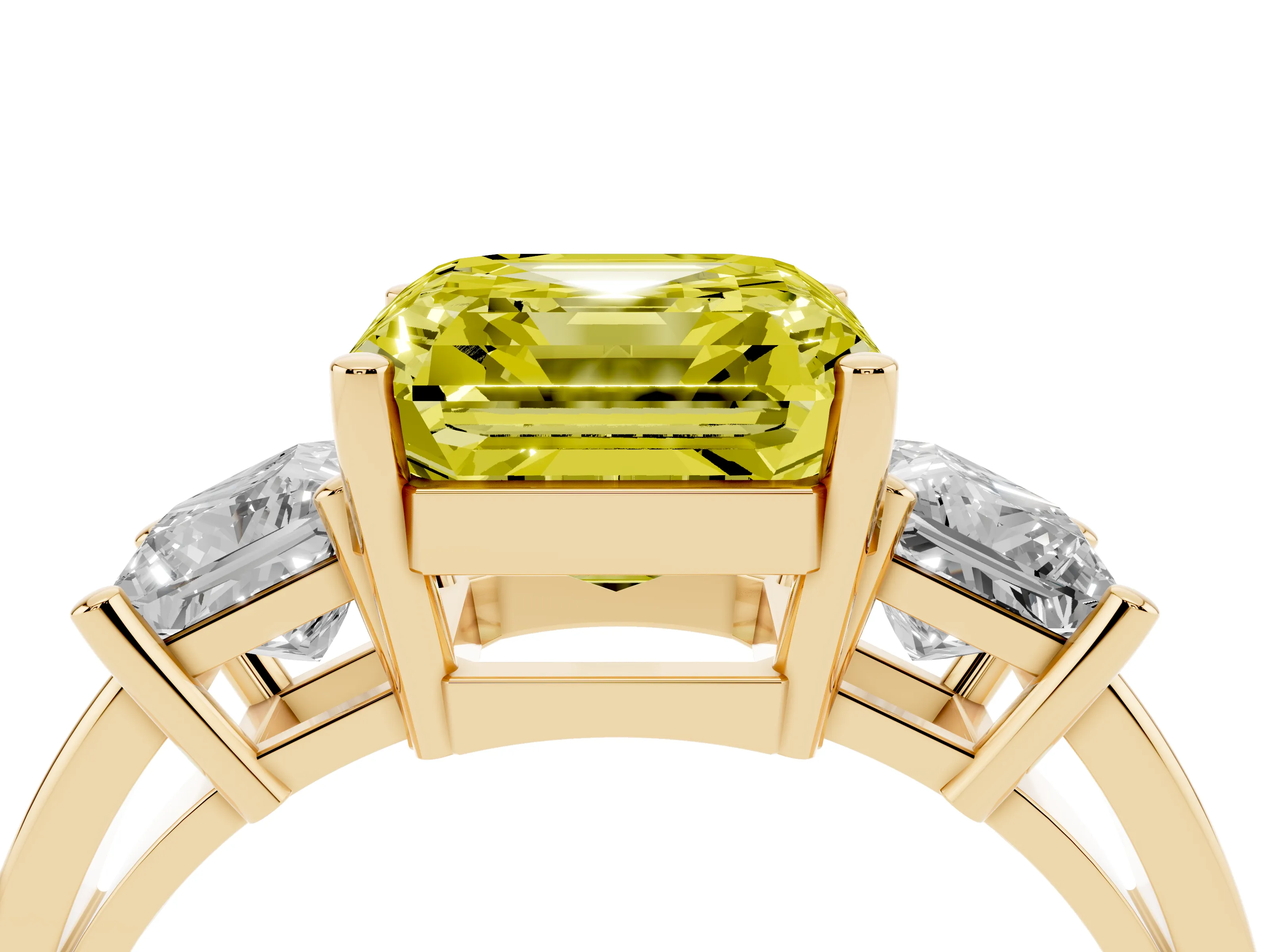Fancy Yellow Three-Stone Asscher Cut Diamond Solitaire Ring Set in Yellow gold with Prong Setting