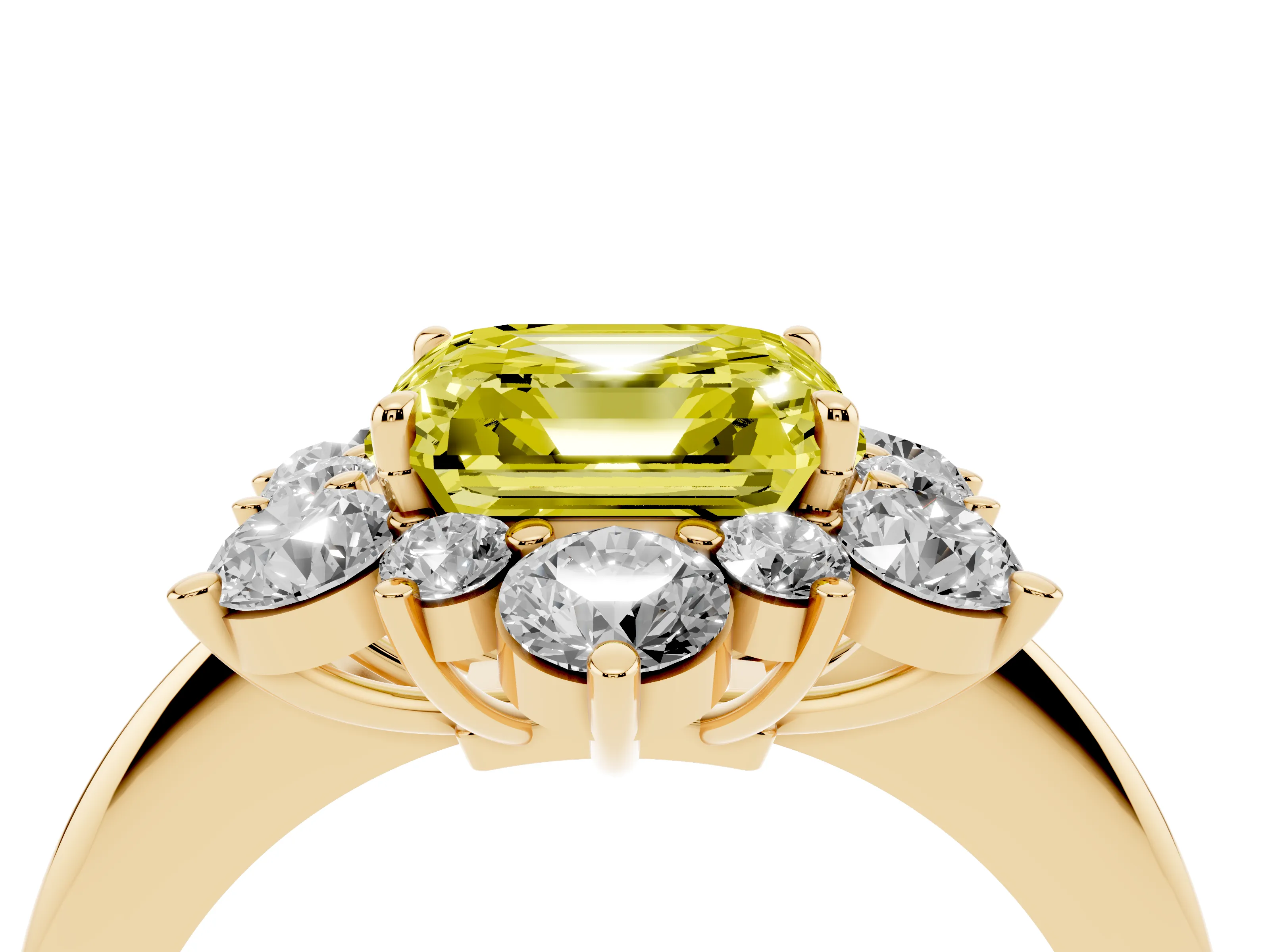 Fancy Yellow Asscher Cut Diamond Cluster Halo Ring Set in Yellow gold with Solitaire Band and Prong Setting