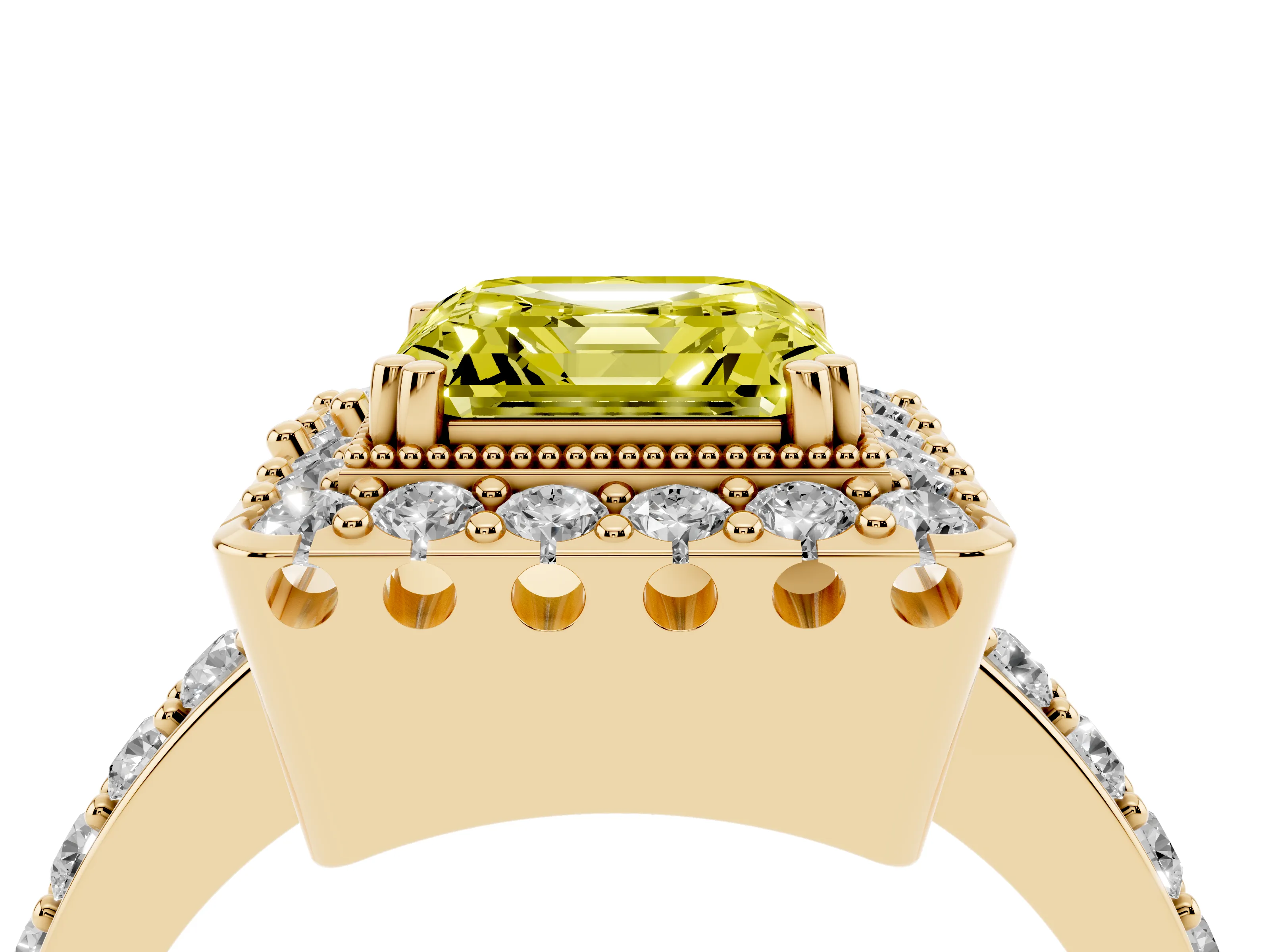 Fancy Yellow Asscher Cut Diamond Halo Ring Set in Yellow gold with Pavé Shank and Prong Setting