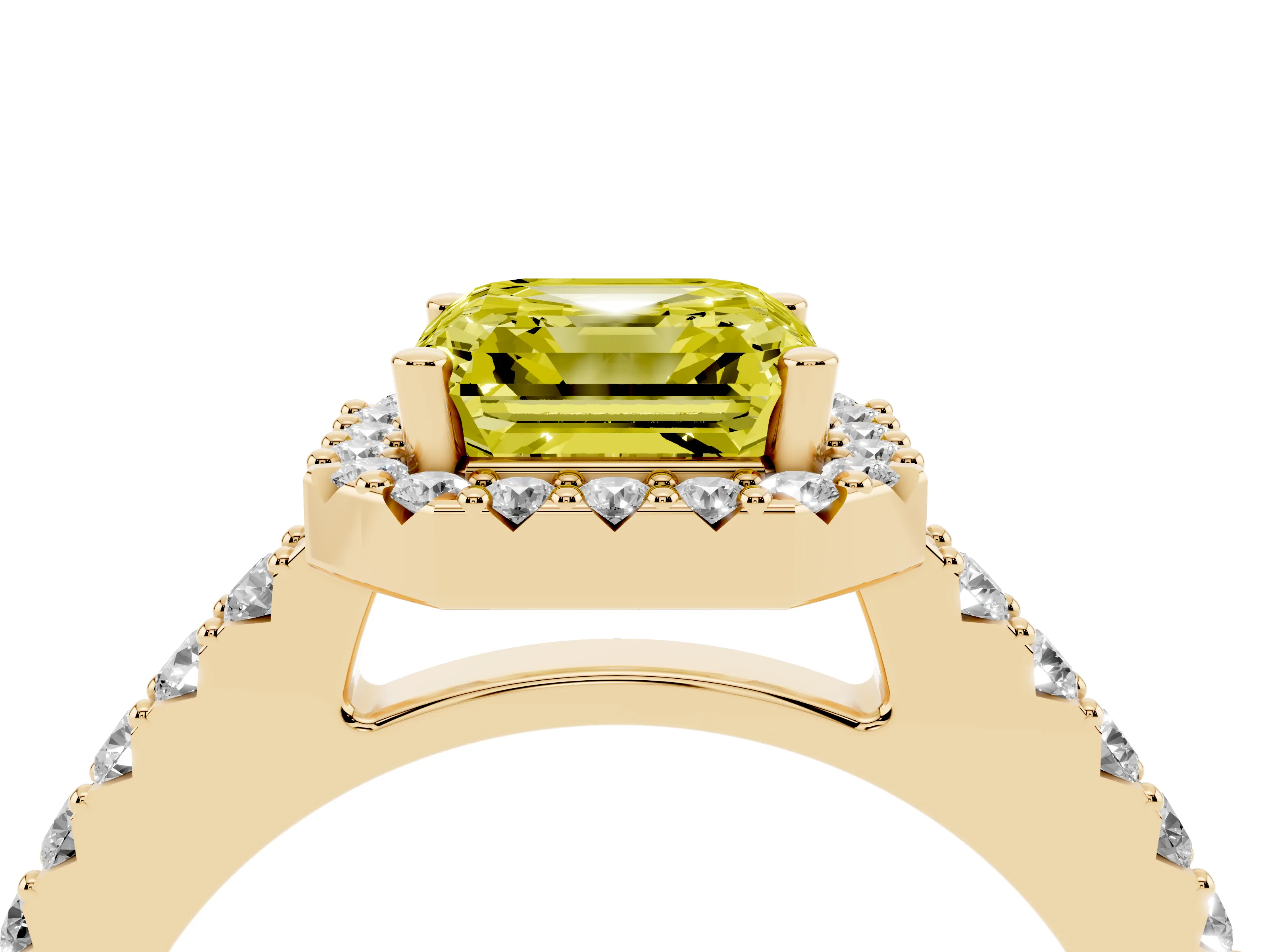 Fancy Yellow Asscher Cut Diamond Halo Pavé Solitaire Ring Set in Yellow gold with Prong-Set Center Stone